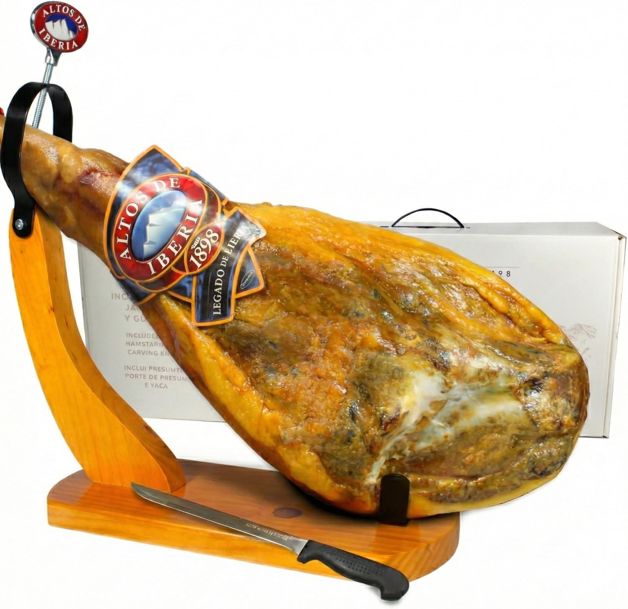 Altos de Iberia Serrano Ham Spain - With Ham Stand and Knife - Min Weight 14lb - 18 Months Avg Curing Time - Great Family and Friends Gift