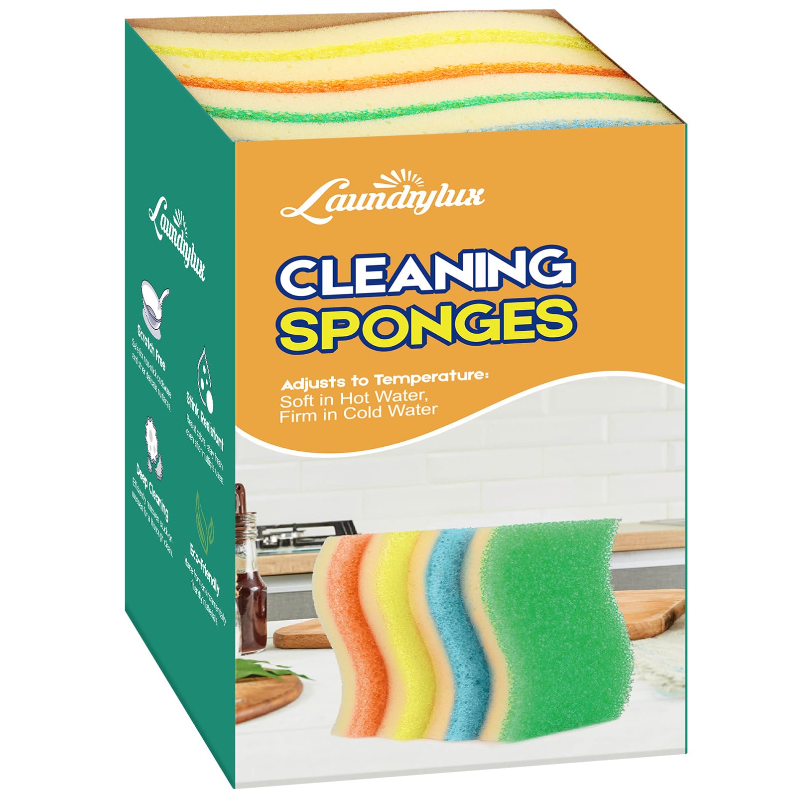 LAUNDRYLUX Scrub Sponge, 4 Pack Dual-Sided Temperature-Responsive Scrubber | Non-Scratch - Multipurpose Dish Sponges for Kitchens, Bathrooms, and Outdoor Use - S Shape