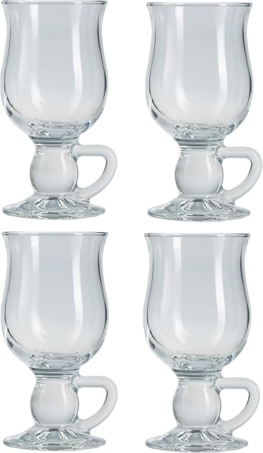 Glass Irish Coffee Mugs. ( Pack of 4 ) Footed Tea Coffee Latte Mug Handle. (Set of 4) (270 cc/ml)