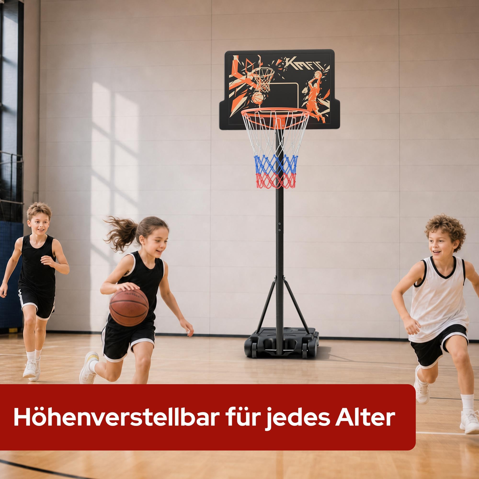 KM-Fit Basketballkorb Outdoor höhenverstellbar 110–210 cm mobiler Basketball Korb mit Rollen & Ballablage inkl. 2 Netze