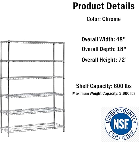 Miniatura 8 de 48 W x 18 D x 72 H, Kit de estantería de alambre cromado de 4 niveles  Capacidad de peso de 6,000 libras  NSF