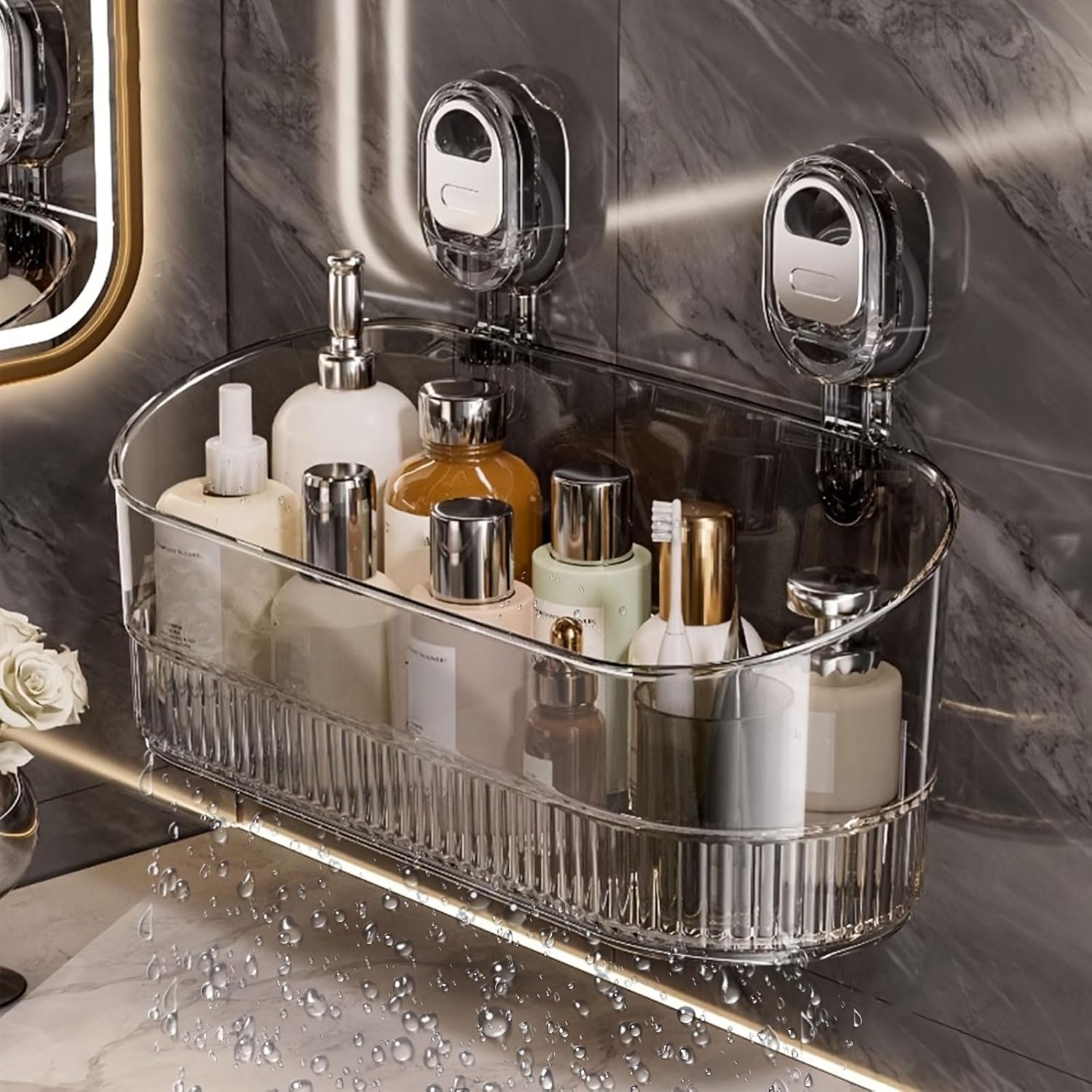 2026 New No Drill Bathroom Drain Rack No-Drill Bathroom Suction Storage Box Large Capacity Strong Load-Bearing Suction Cup