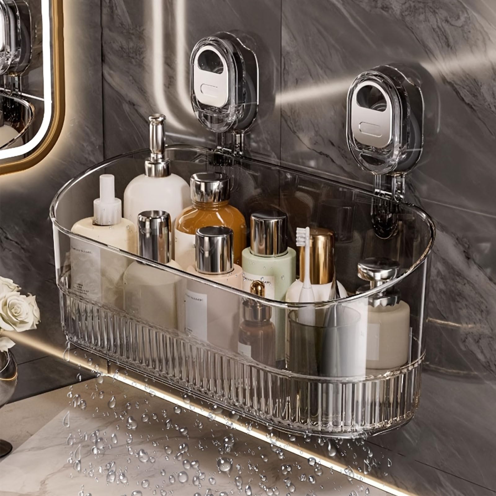 2026 New No Drill Bathroom Drain Rack No-Drill Bathroom Suction Storage Box Large Capacity Strong Load-Bearing Suction Cup