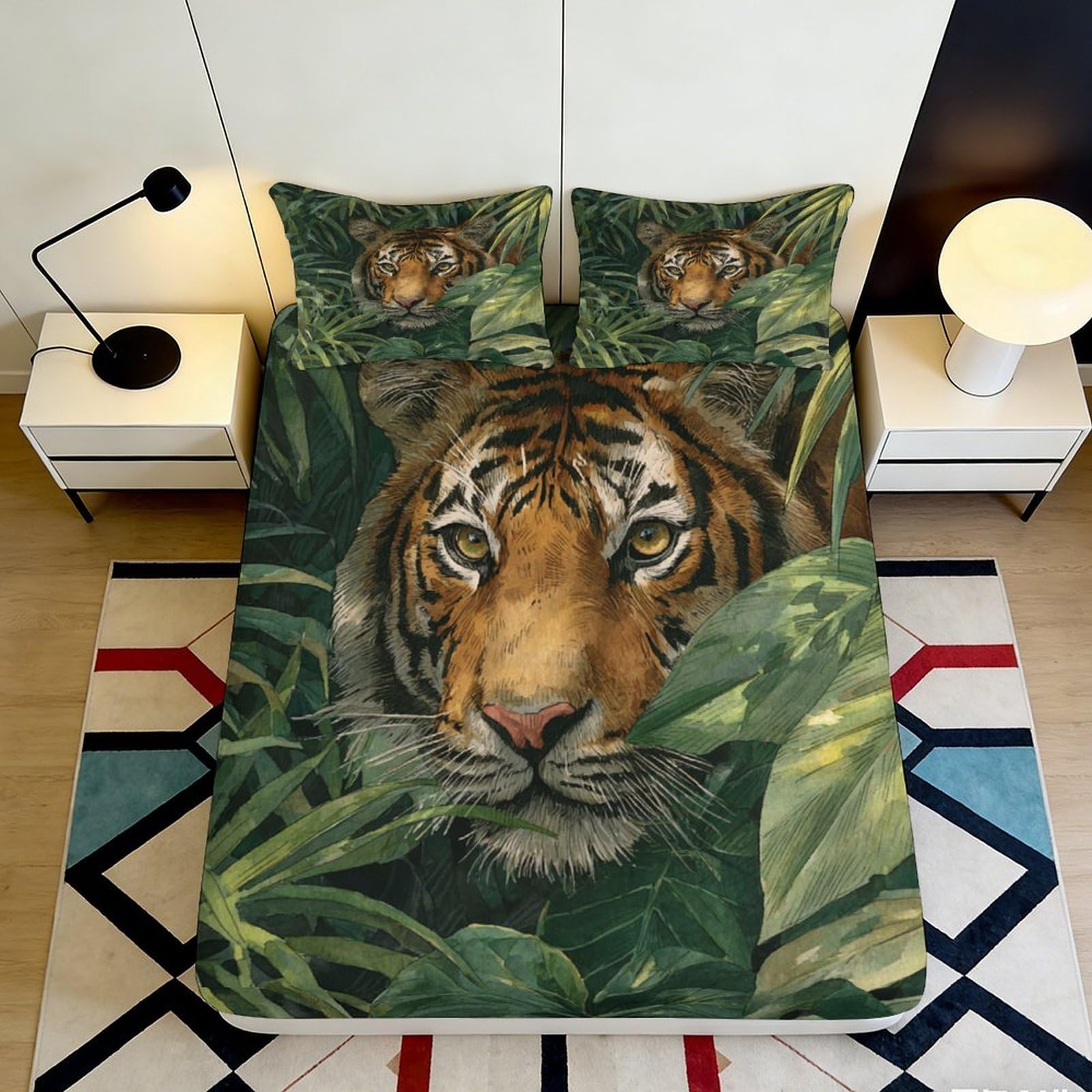 3D Printed Jungle Tiger Fitted Sheet Microfiber Soft Breathable Forest Animal Mattress Cover for Bedroom Decor 140x200x25cm
