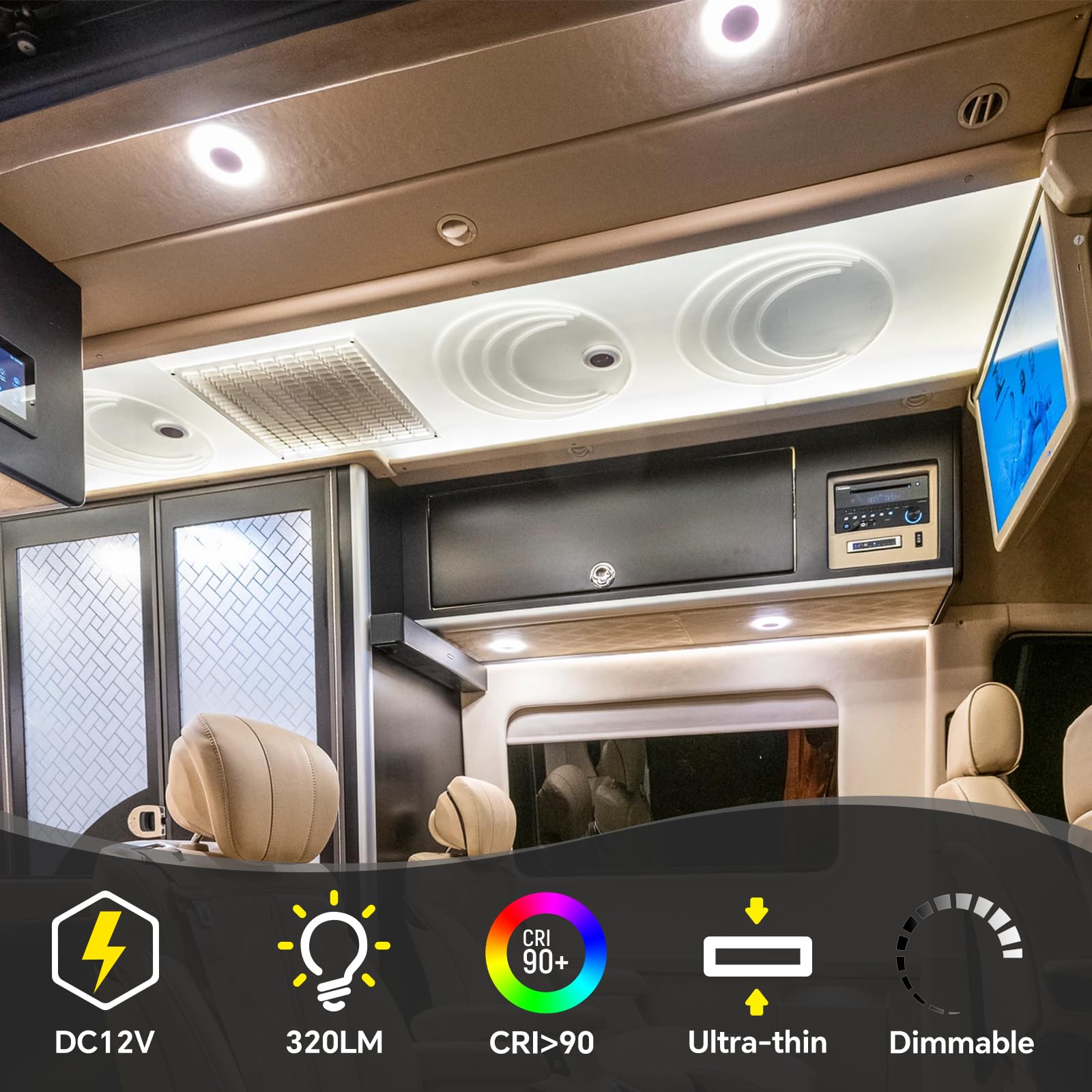 4 x Lámpara LED 12V Autocaravana Regulable Panel Luz de Techo 76mm 320LM 3W, para Caravana Barco Remolque Coche Iluminación Interior (5000K)