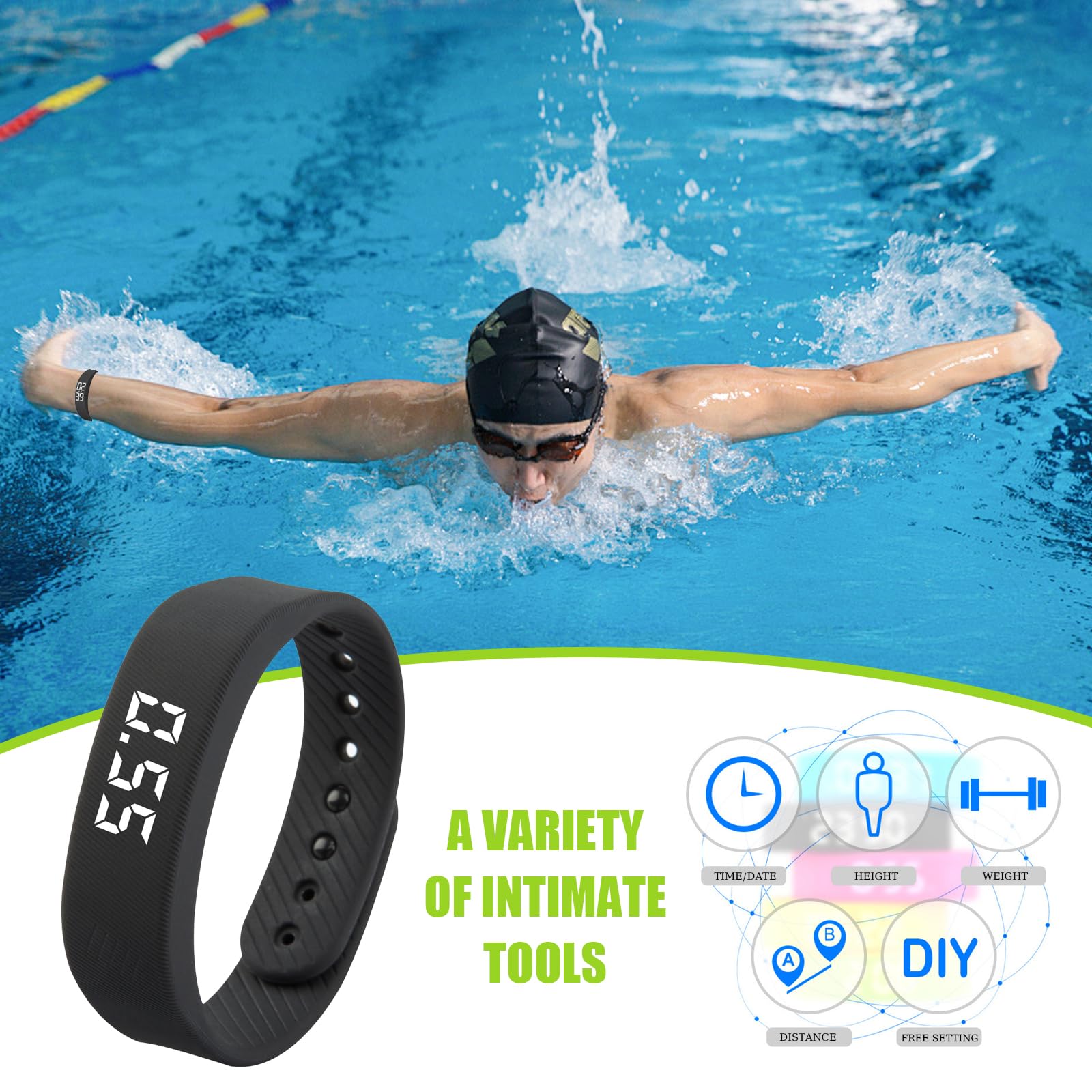 Reloj podómetro digital impermeable – Contador de pasos sin Bluetooth, reloj de seguimiento de fitness con alarma vibratoria silenciosa, pantalla LED, no requiere aplicación, reloj digital impermeable