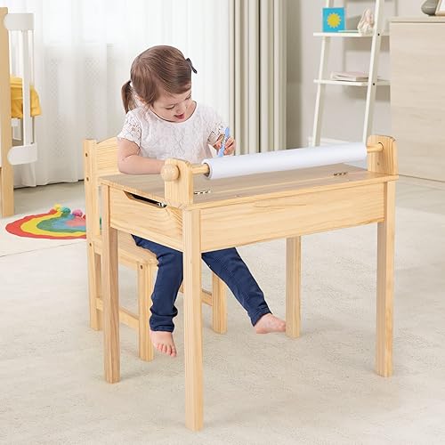 Miniatura 19 de HONEY JOY Juego de mesa y silla para niños, escritorio y silla de madera con cajón, soporte para rollo de papel y 2 rotuladores, juego de mesa de