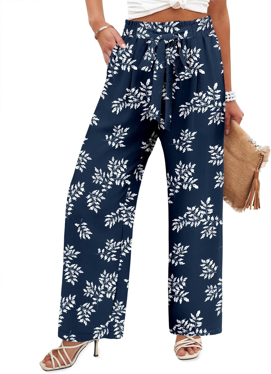 Angerella Womens Wide Leg Pants High Elastic Waist Adjustable Knot Casual Flowy Trousers Business Work Pants with Pockets