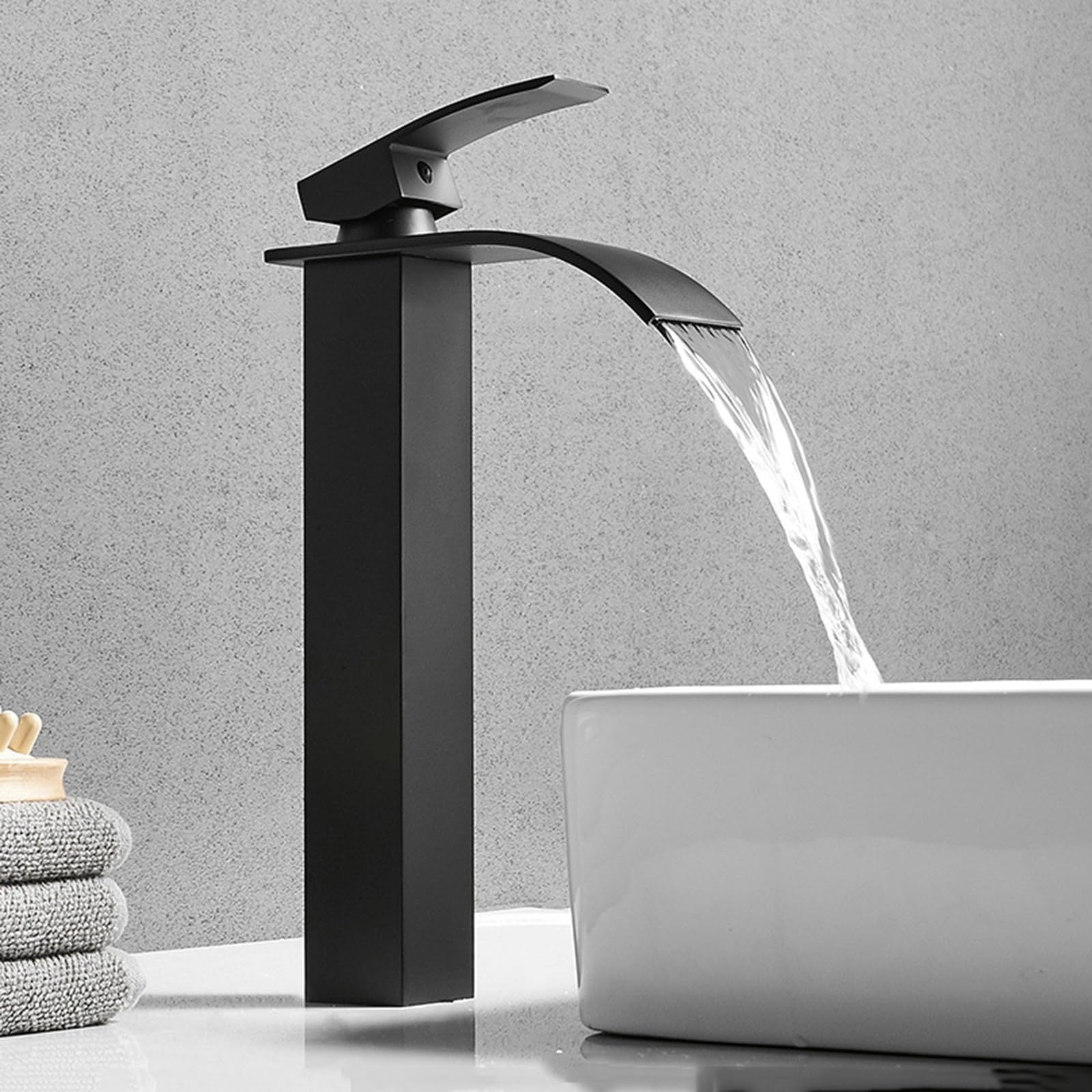 Grifo Lavabo en Cascada Lavabo para Encimera de Baño Caño Alto Y Fino En Cascada 1 Orificio Negro Grifo de Lavabo para Baño