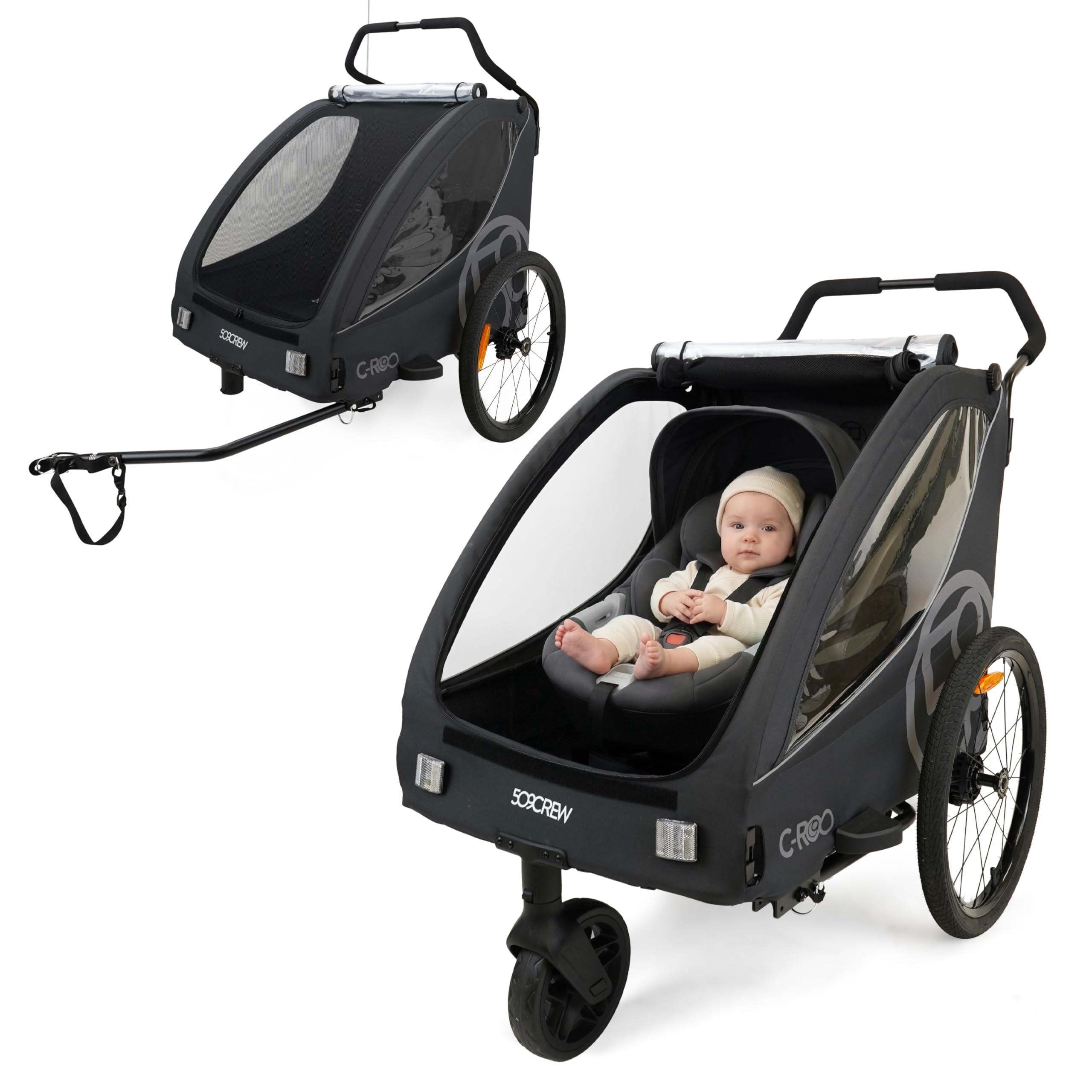 C-ROO Multi Use Bike Trailer, Infant Ride System, Max Load 50kg, Mosquito Net, Seatpads, Raincover, Night Grey