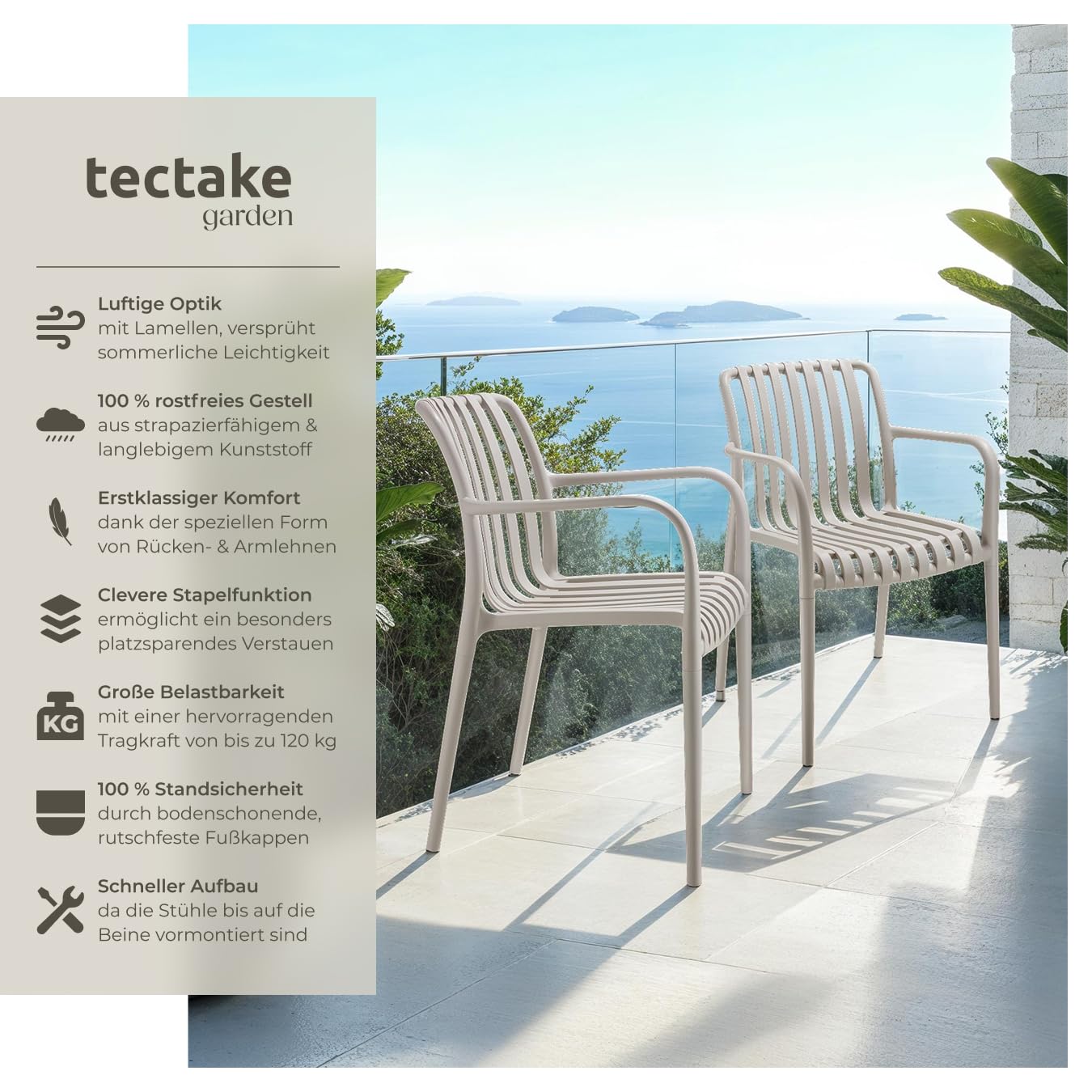 tectake® Gartenstühle stapelbar, Gartenmöbel Set, Balkon Möbel, Bistro Set, Sessel, Outdoor Möbel, Balkonmöbel, Terrassenmöbel - Taupe, 4er Set