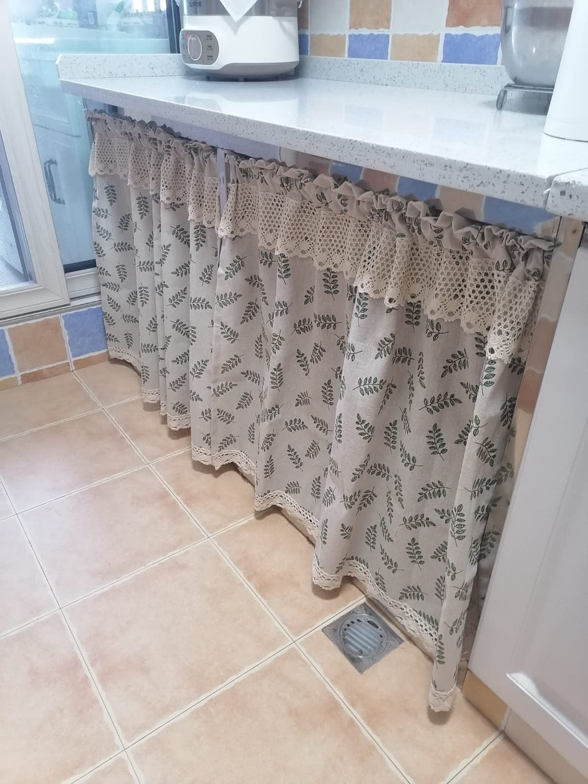 A.Monamour Cortina Cocina Ventana Puerta Corta Pequeña Beige Algodón Lino Verde Hoja Retro Rústico Cortijo País Opaco Bolsillo para Varilla Panel Cenefa Rustica Bistro para Dormitorio Café Baño