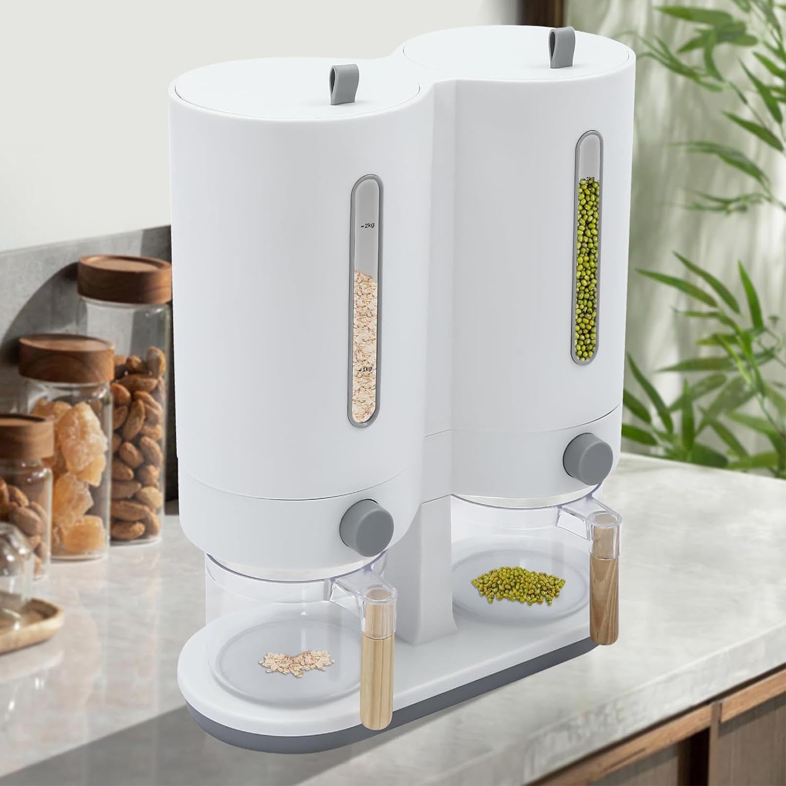 Dispenser di riso da cucina Contenitore da cereali, soia, mais e farina | Distributore di riso con doppio contenitore per il banco Per Soia, Fagiolini, Mais, Farina,