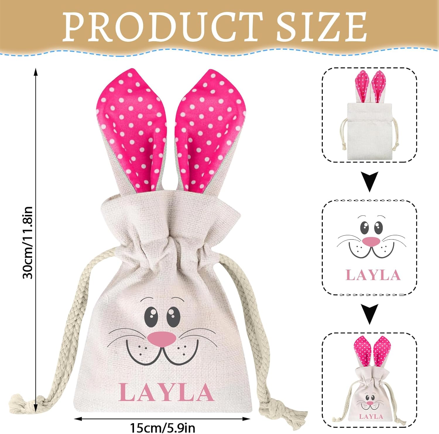 HOME'S FRIEND Personalized Easter Gift Bags,Rabbit Ear Burlap Drawstring Tote Bag Custom Any Name,Reusable Easter Treat Bags for Kids Easter Egg Hunt Party Supplies Decorations - Image 2