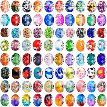 120 Pieces Assorted European Craft Beads Large Hole Lampwork Spacer Beads Colorful European Beads for DIY Necklace Bracelet Jewelry Making Out Flower