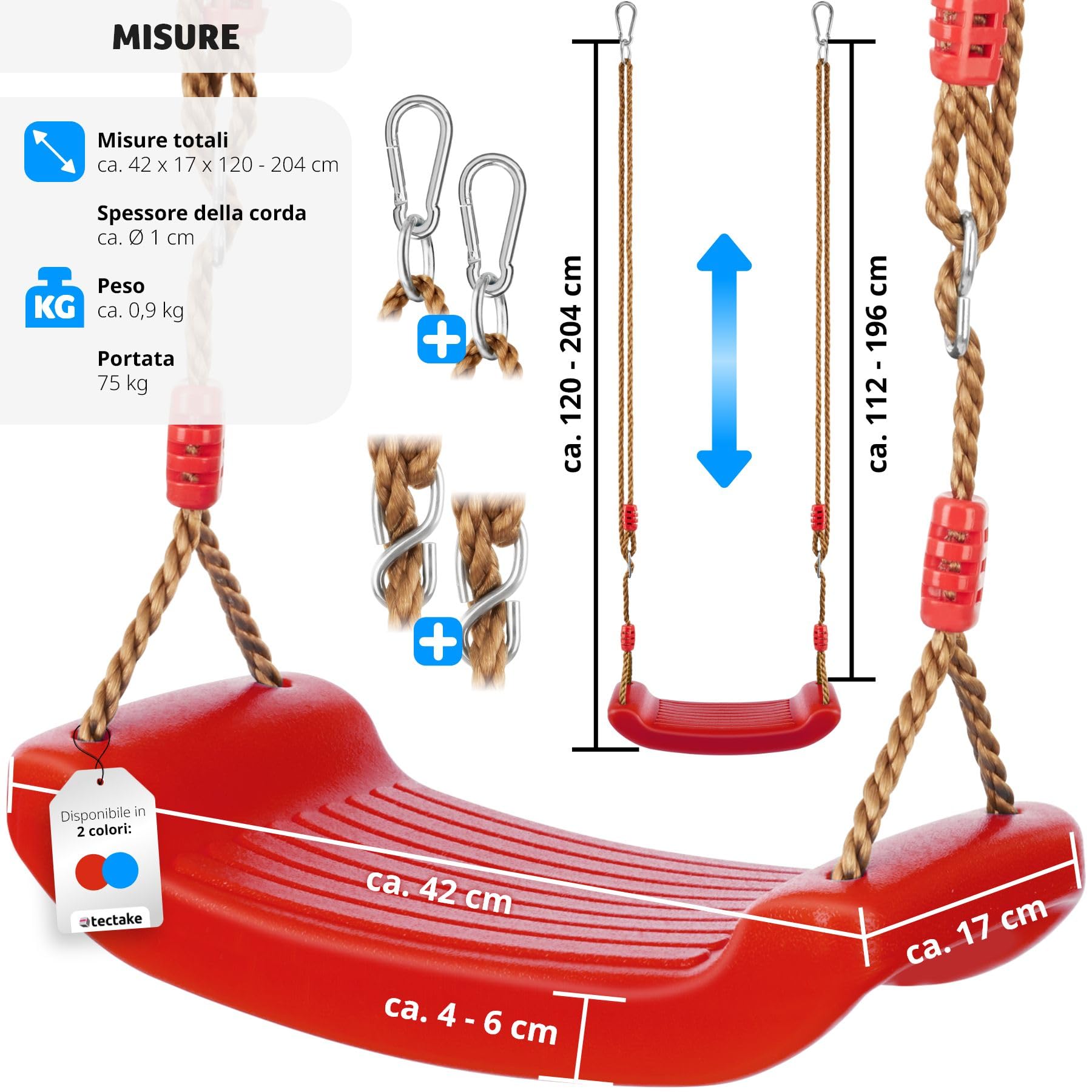 tectake® Altalena da Giardino per Bambini, Altalena da Giardino per Adulti, Ergonomica, Antiscivolo, Altalena a Dondolo da Esterno Regolabile in Altezza, Resistente alle Intemperie - Rosso