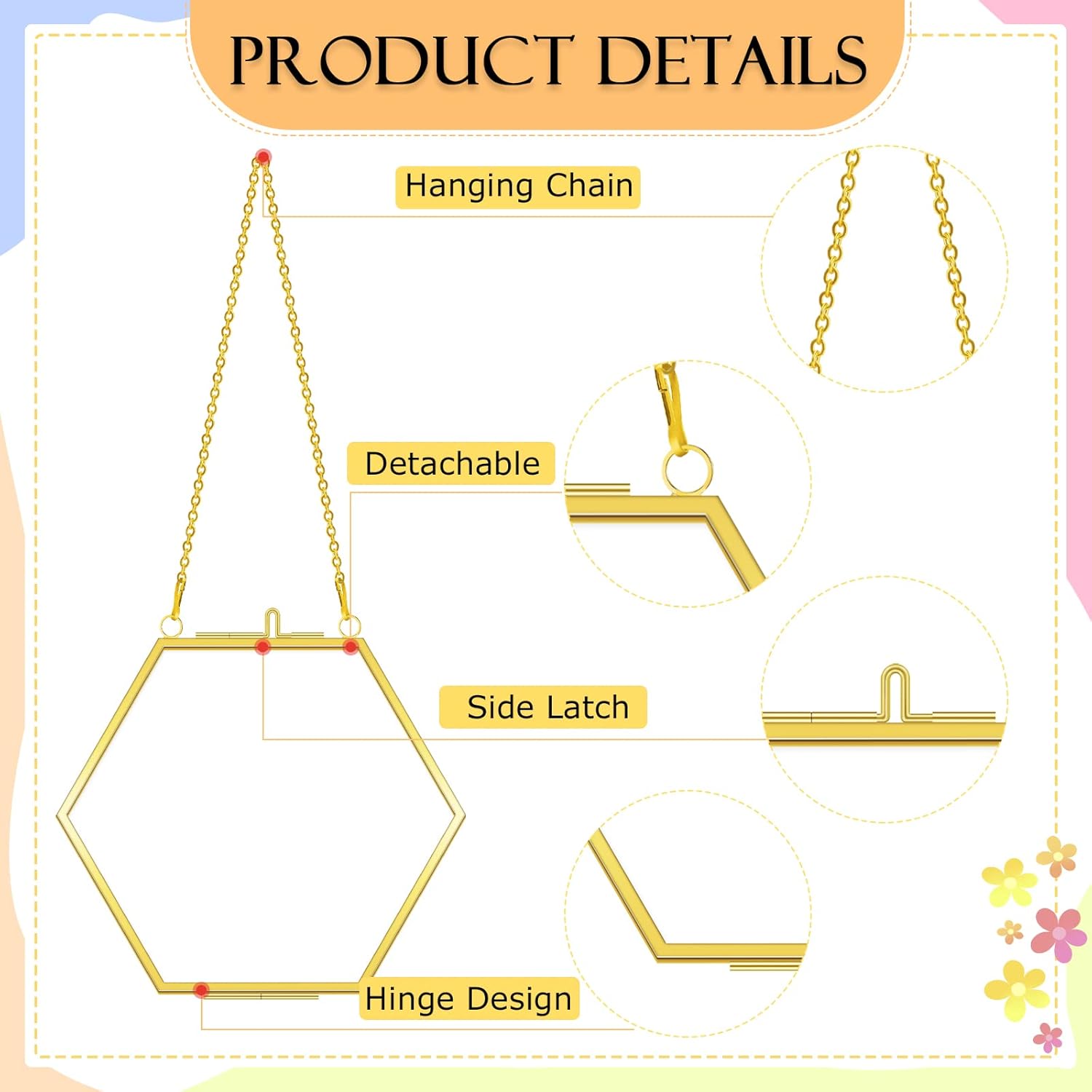 Tuanse 6 Pcs Brass Glass Frame for Pressed Flowers Clear Double Glass Floating Artwork Display Hanging Picture Frames with Chain for Gallery Wall Decor Dried Plant Leaf, 6 Shapes (Gold)