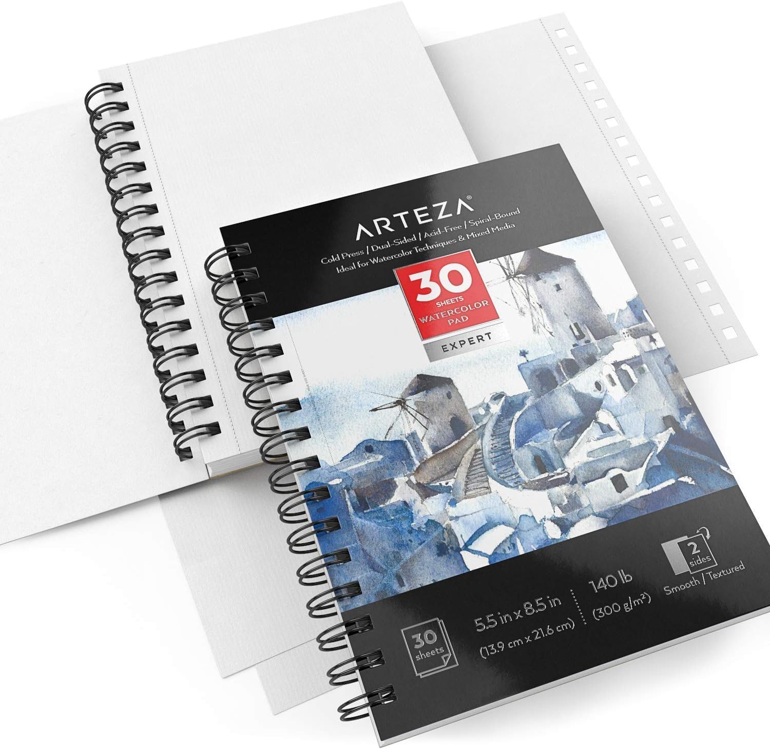 Bloc pour aquarelle ARTEZA Expert, papier pressé à froid sans acide, 5.5 x 8.5 pouces, reliure spirale, 140lb/300gsm, 30 feuilles, paquet de 3