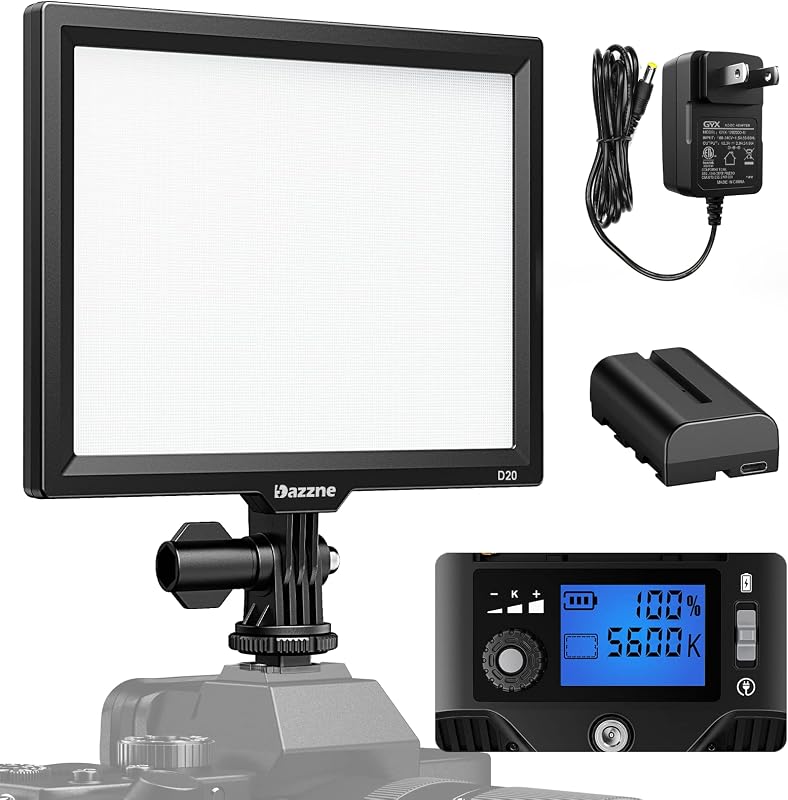 Camera Light, Dazzne D20 Video Light Panel with DC Adapter and Rechargeable Battery via USB-C Directly, Bi-Color 3200K-5600k DSLR Light for Canon/Nikon/Samsung/Olympus and Portrait Photography