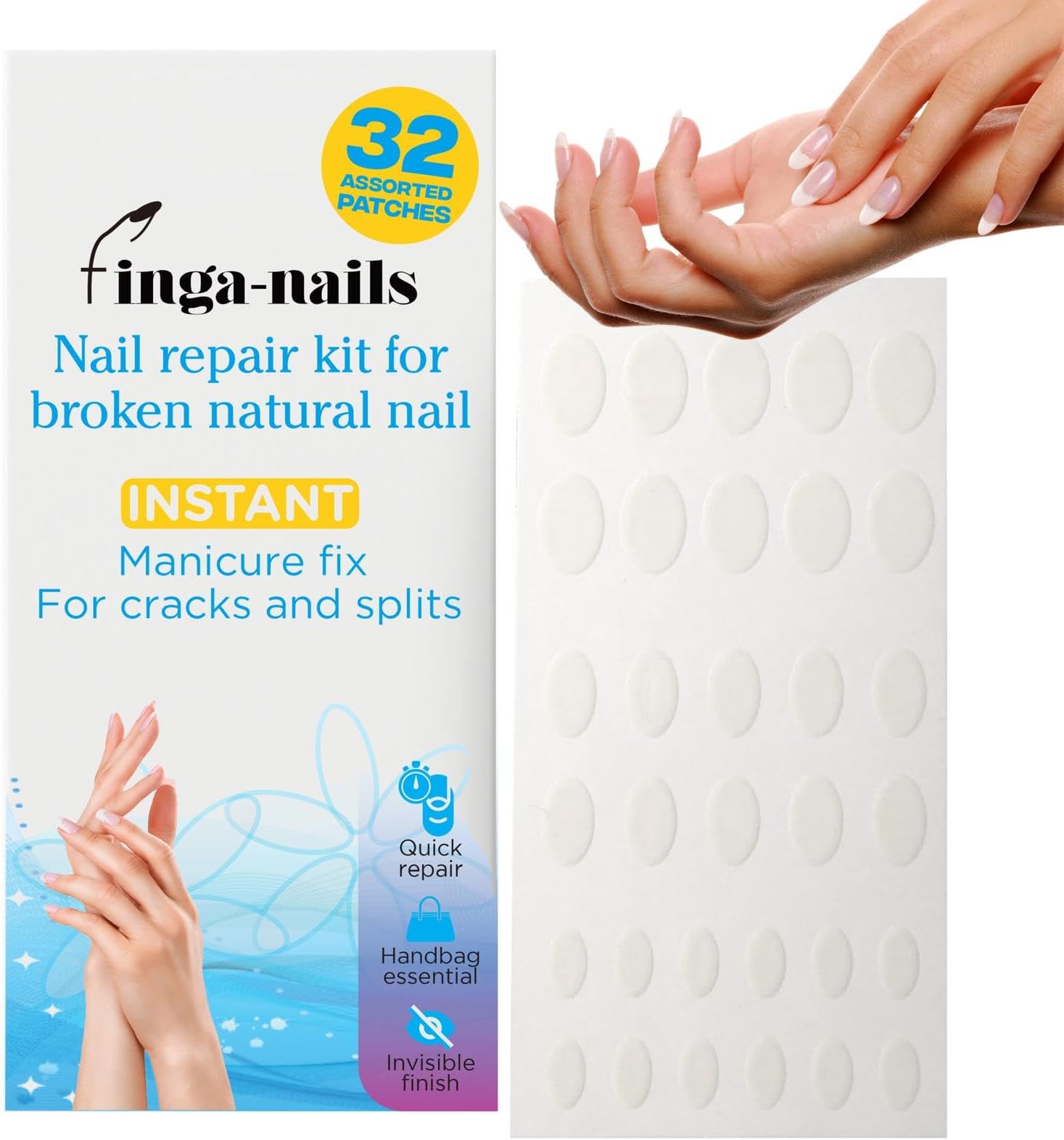 32 Instant Split Nail Saver Patches - Clear Self-Adhesive Broken Nail Repair Kit for Cracks and Splits - Temporary Manicure Fix Protector for Natural Fingernails & Nail Polish