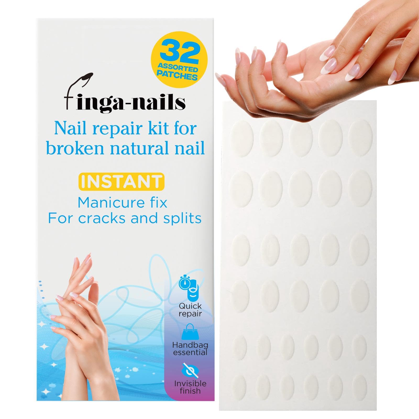 32 Instant Split Nail Saver Patches - Clear Self-Adhesive Broken Nail Repair Kit for Cracks and Splits - Temporary Manicure Fix Protector for Natural Fingernails & Polish