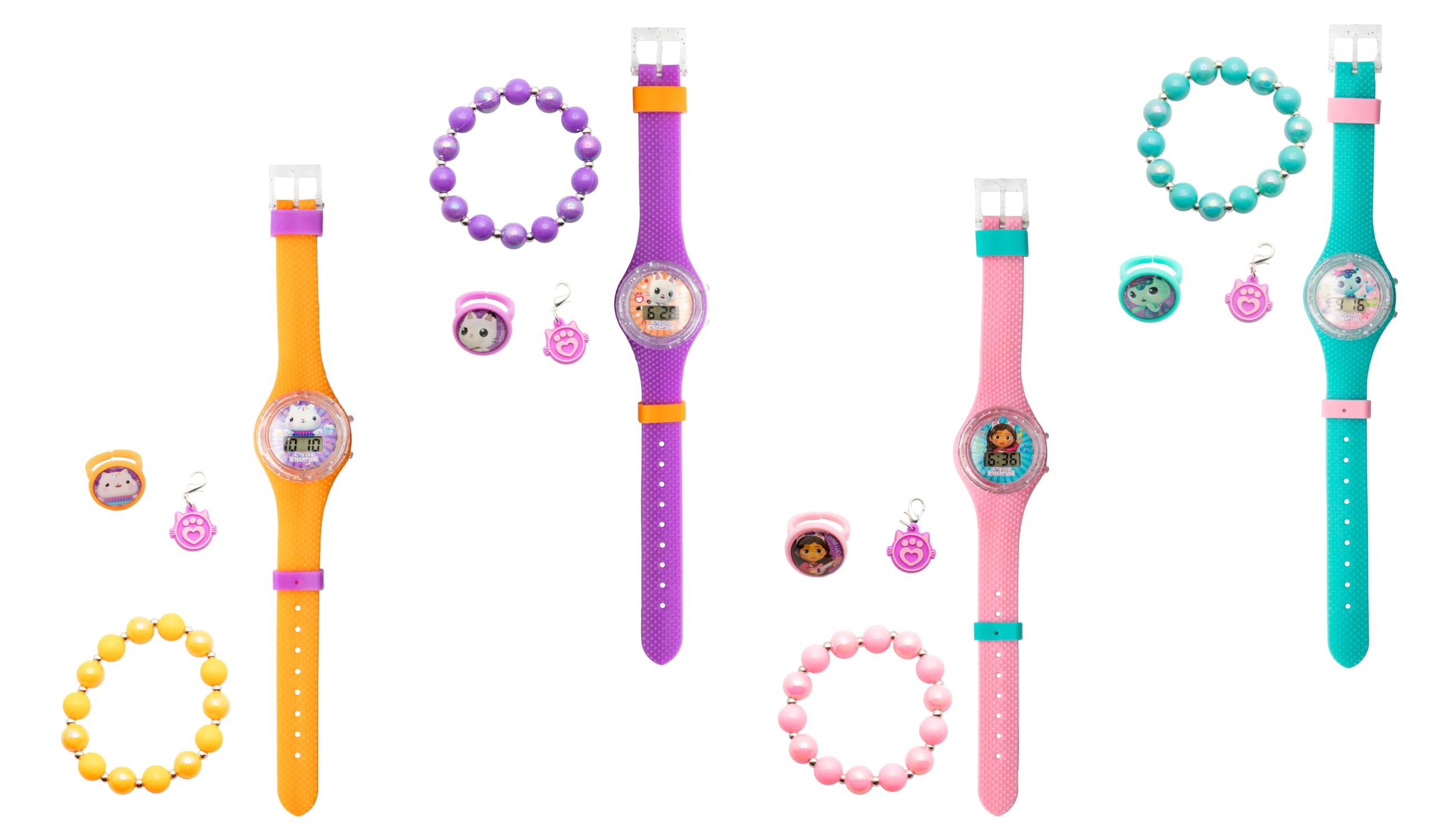 Joy Toy - Gabby's Dollhouse: 1 zestaw zegarków z bransoletką niespodziankę po przypadkowej recepcie (każde opakowanie zawiera zegarek na rękę, charms, bransoletka, pierścionek - 4 wzory