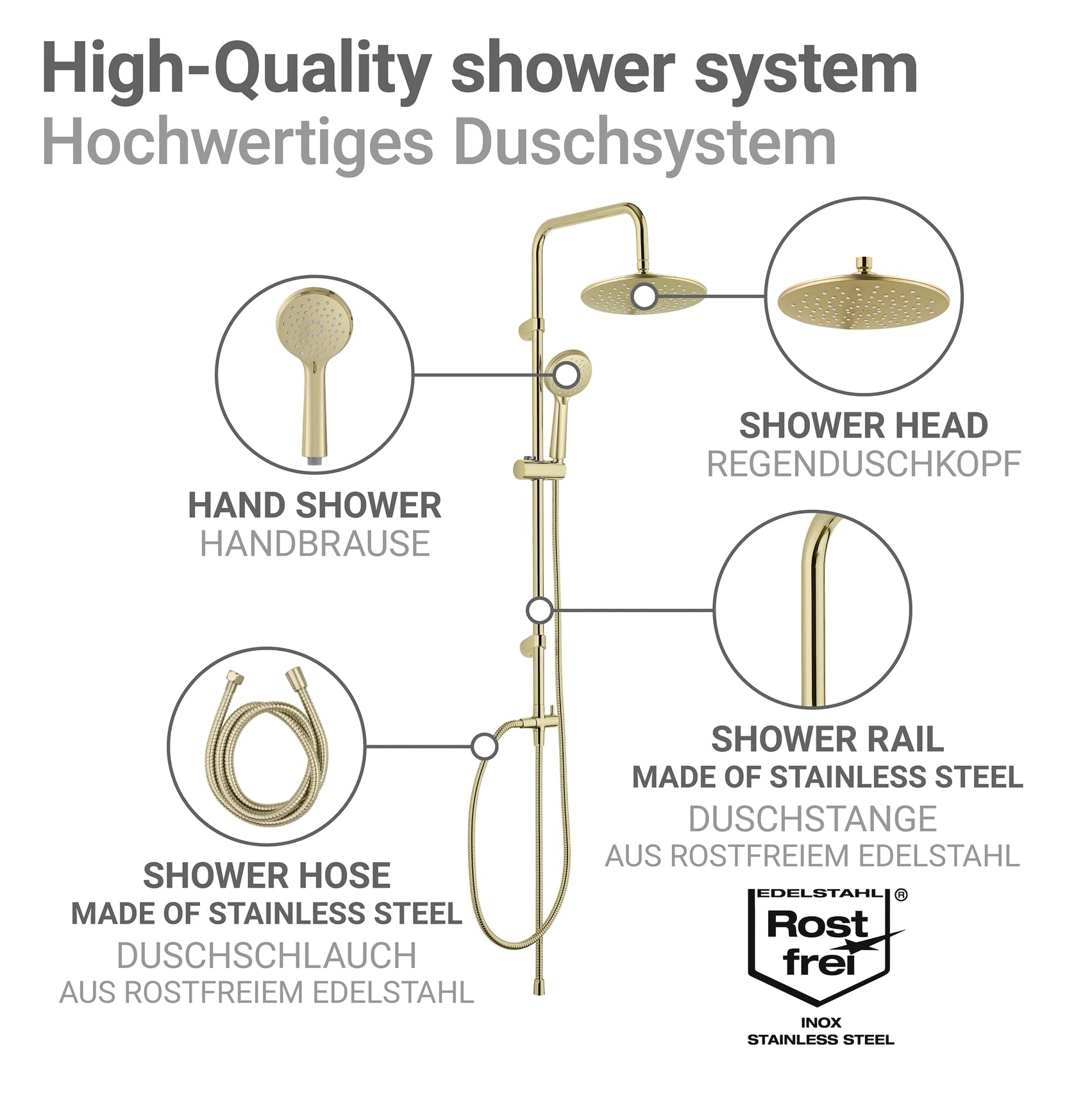 WENKO Duschsystem Mod. Young Line - Regenduschkopf und Handbrause mit 3 Funktionen - Edelstahl - Gold
