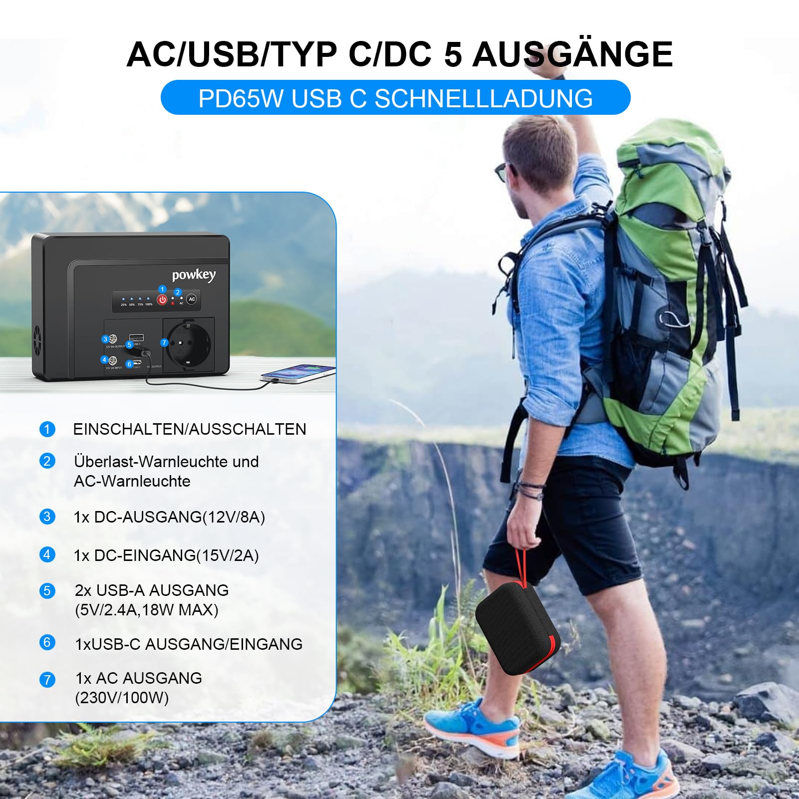 Powkey Tragbare Powerstation 26400mAh /230V AC 100W /65W USB-C Camping | 97.68Wh Powerbank Steckdose 12V 8A DC Externer Akku Für Tablet & Handy