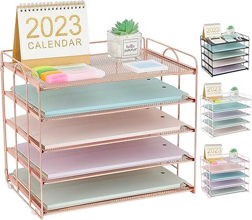 ECOLOVI Organizador de bandeja de papel de malla de 5 niveles, clasificador de correo de escritorio, organizador de suministros de oficina para