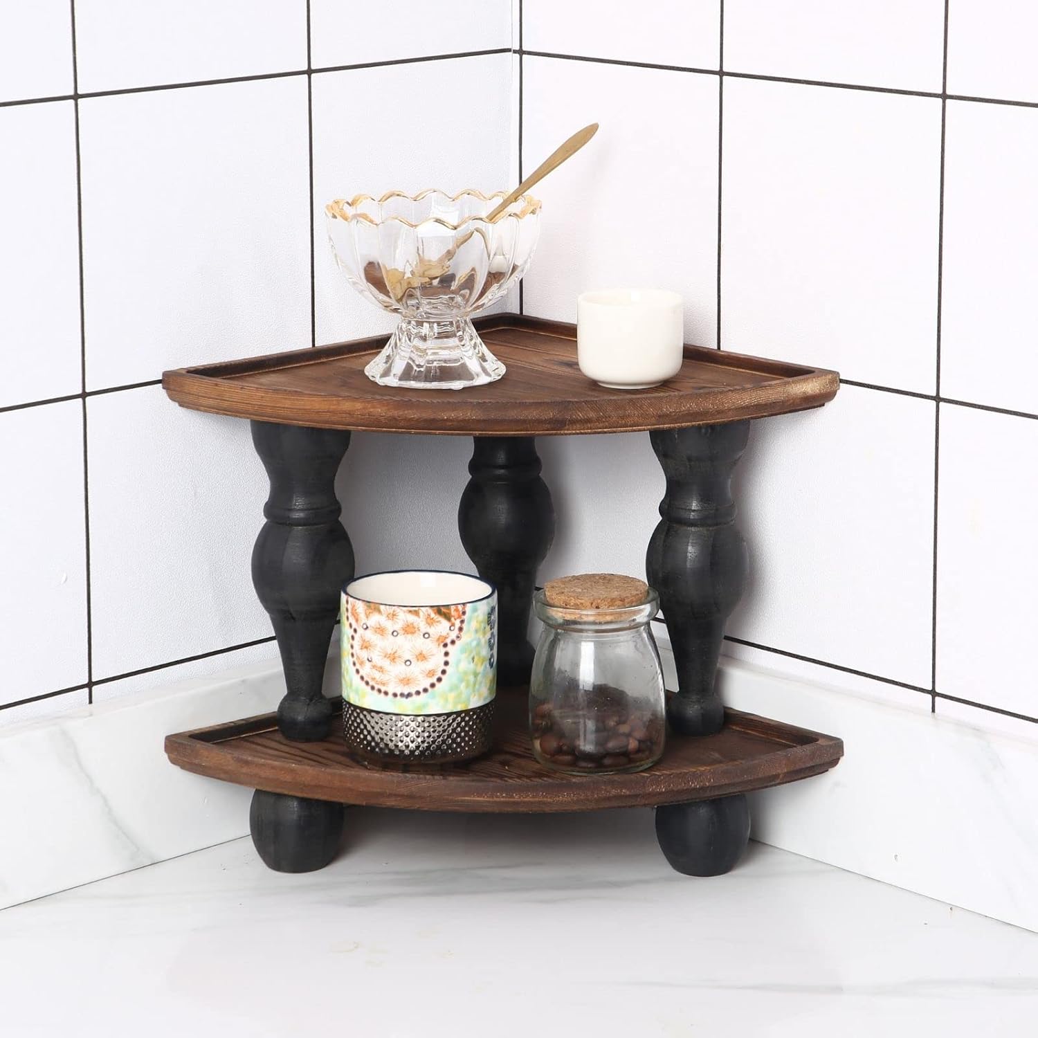 GoFika Small Corner Shelf Stand, 2 Tier Wooden Shelving Unit Black Riser, Vintage Corner Countertop Pedestal Stand Stackable Rack