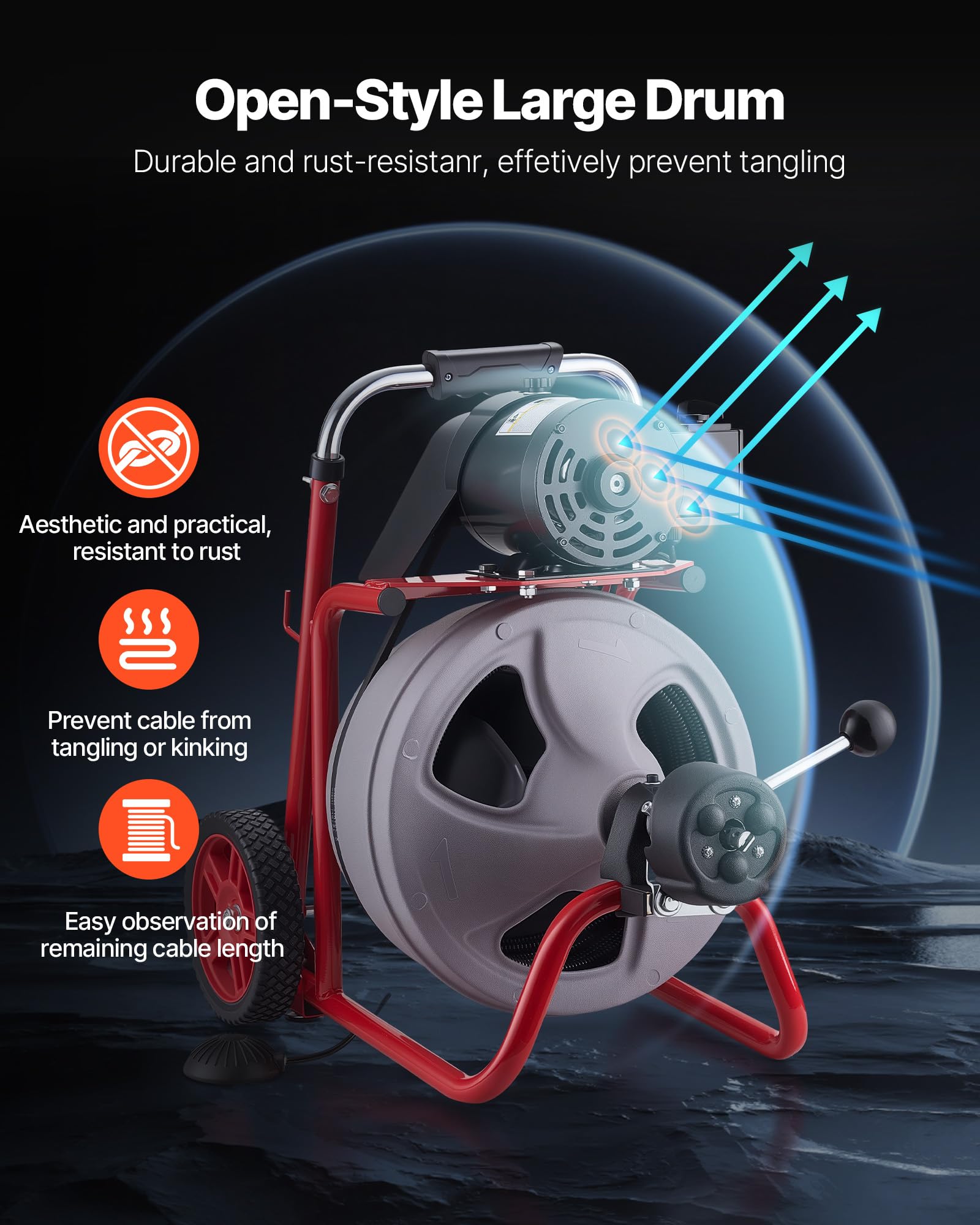 VEVOR Desatascador de Desagües Eléctrico 30 m x 9,5 mm, Máquina de Limpieza de Tuberías con Alimentación Automática, Tambor de Plástico, Limpiador de Tubos de Drenaje para Tuberías de 5-10 cm