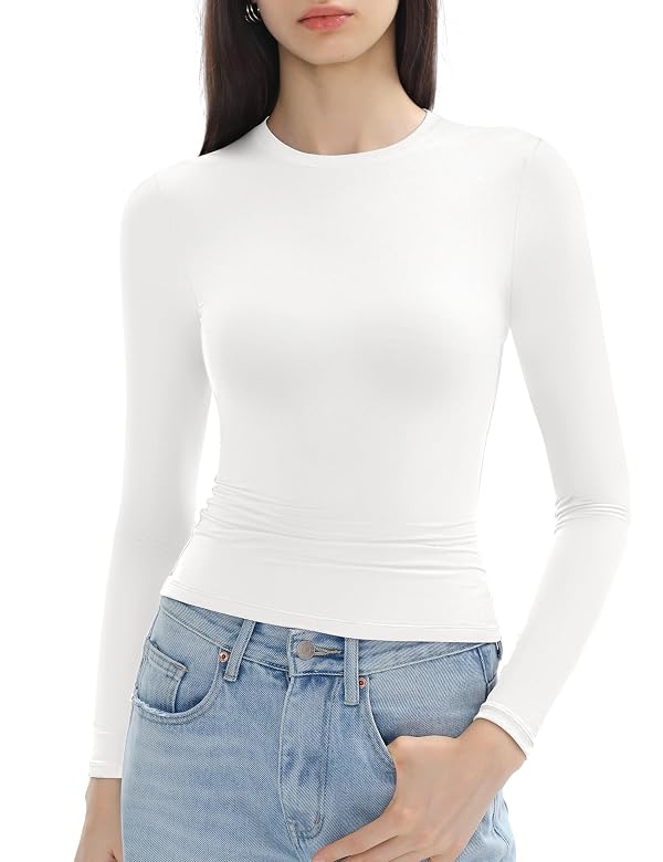 C202 Long Sleeve Shirts for Women Crew Neck Double Lined Going Out Tops Slim Fitted Y2k Tops Basic Tees, Marble Large by C202 - Used condition - US$10.86