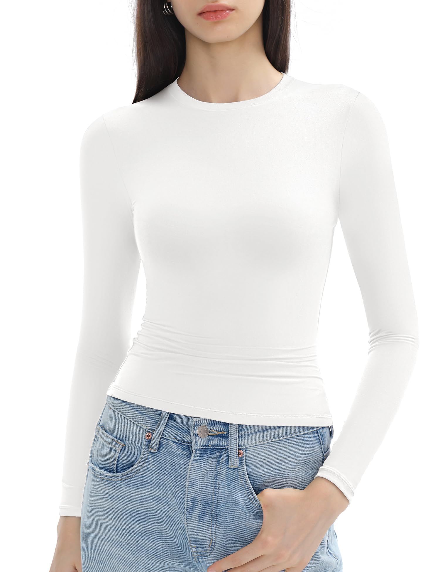C202 Long Sleeve Shirts for Women Crew Neck Double Lined Going Out Tops Slim Fitted Y2k Tops Basic Tees, Marble Small