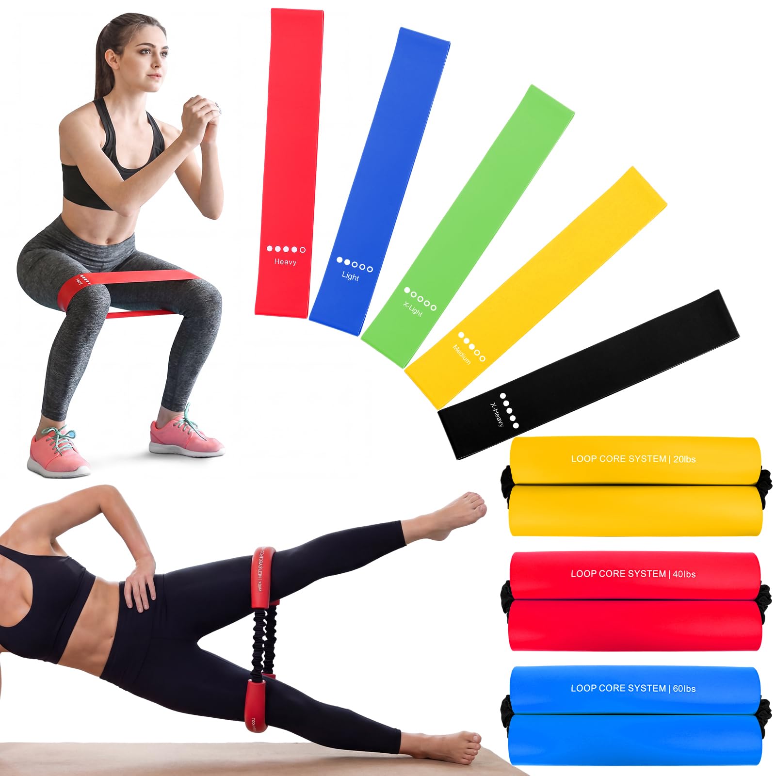 Soulchen 8 fasce elastiche di resistenza per allenamento, per allenamento, stretching, rafforzamento, gambe, glutei, braccia, attrezzature per esercizi per donne e uomini