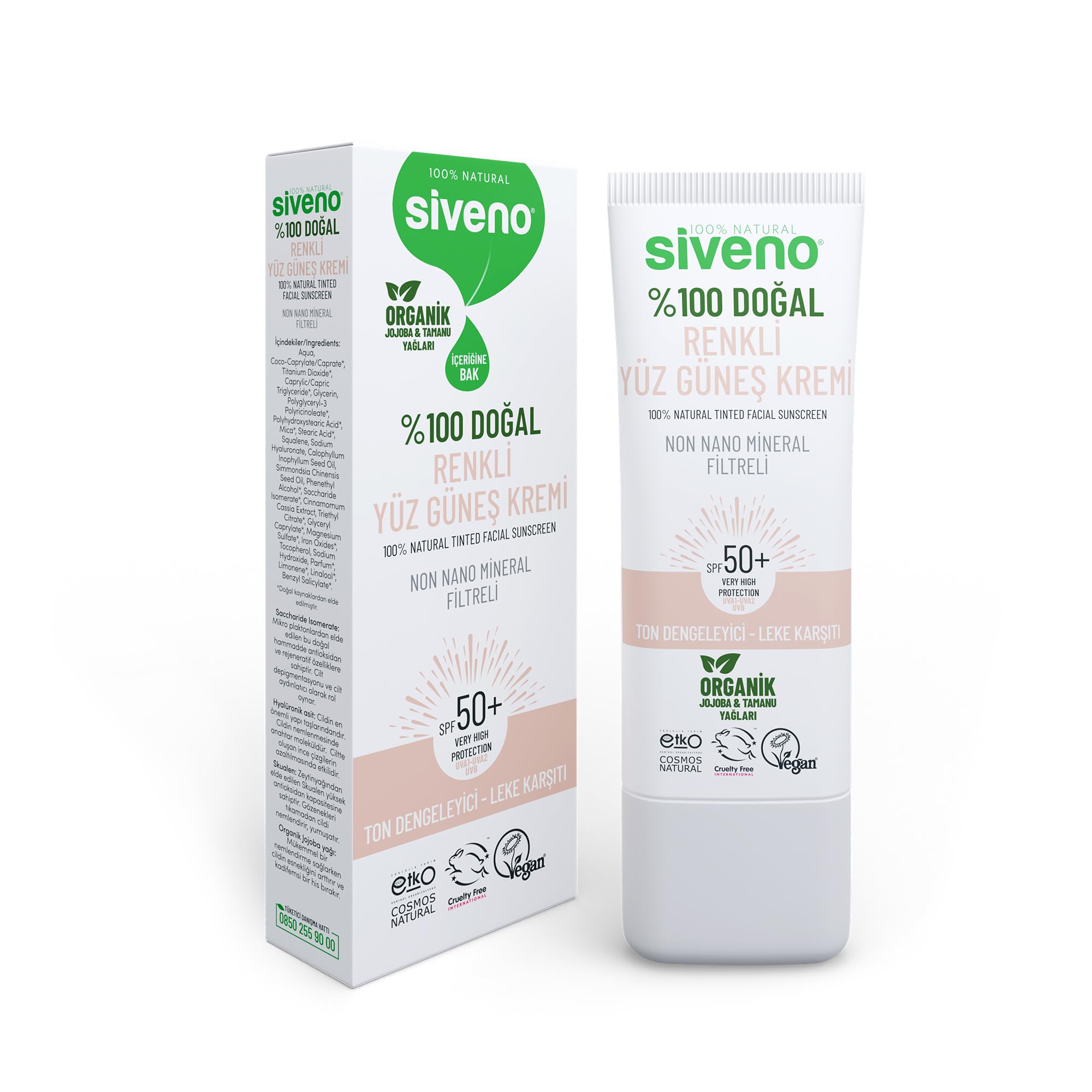 Siveno%100 Doğal Yüz Güneş Kremi Renkli Ton Eşitleyici Leke Karşıtı UVA UVB SPF 50+ 30 ml