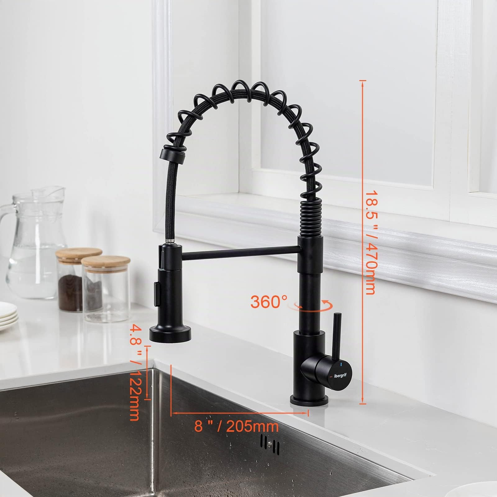 Ibergrif Grifo Profesional Cocina con Ducha Extraíble, Mezclador de Fregadero, Acero Inoxidable, Negro, M22143B