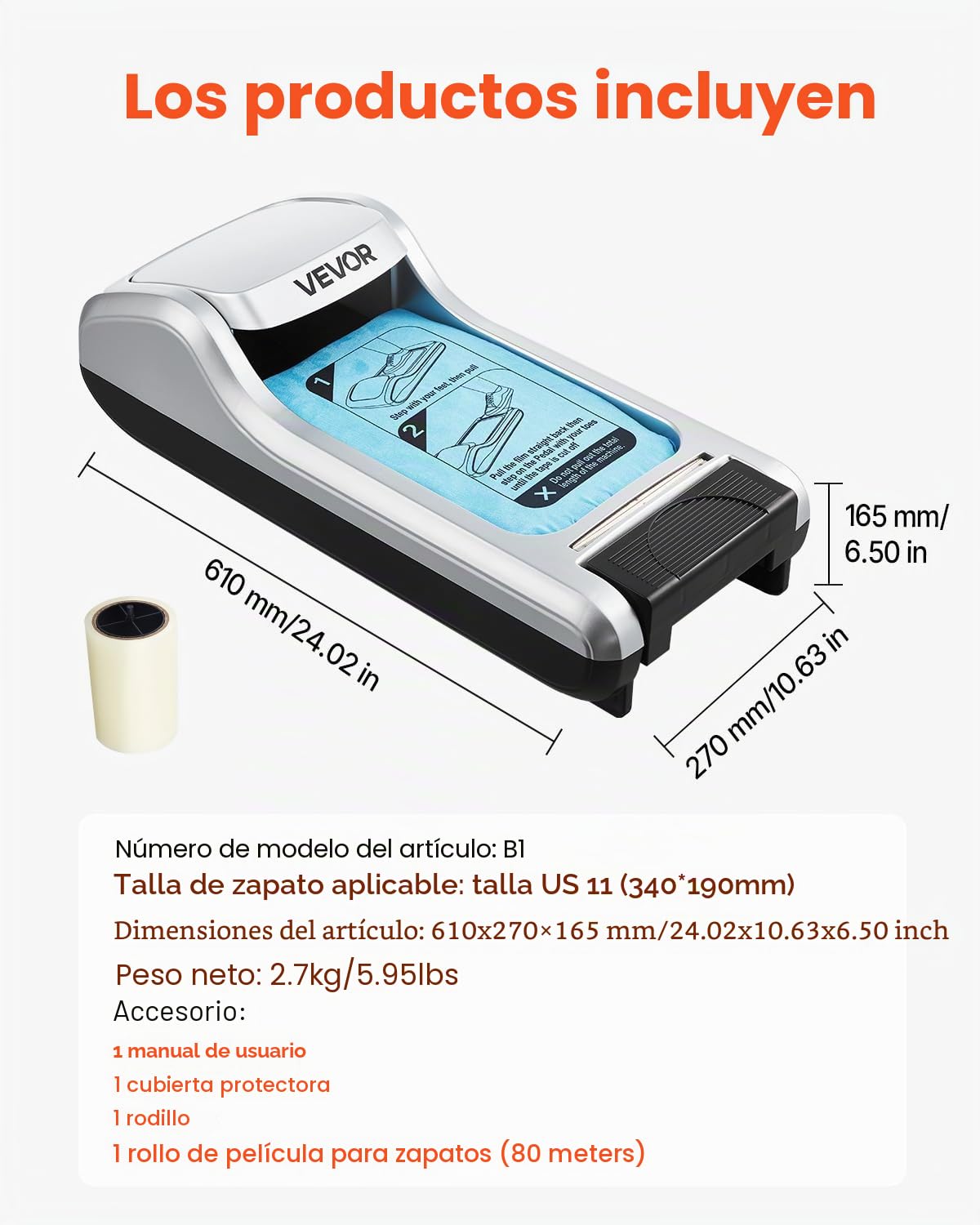 VEVOR Dispensador Automático de Fundas para Zapatos con 1 Rollo (600 unidades) de Membrana Desechable Antideslizante para Suelas, Compatible con Tallas Hasta la 11 de EE. UU.(34 x 19 cm), Plata