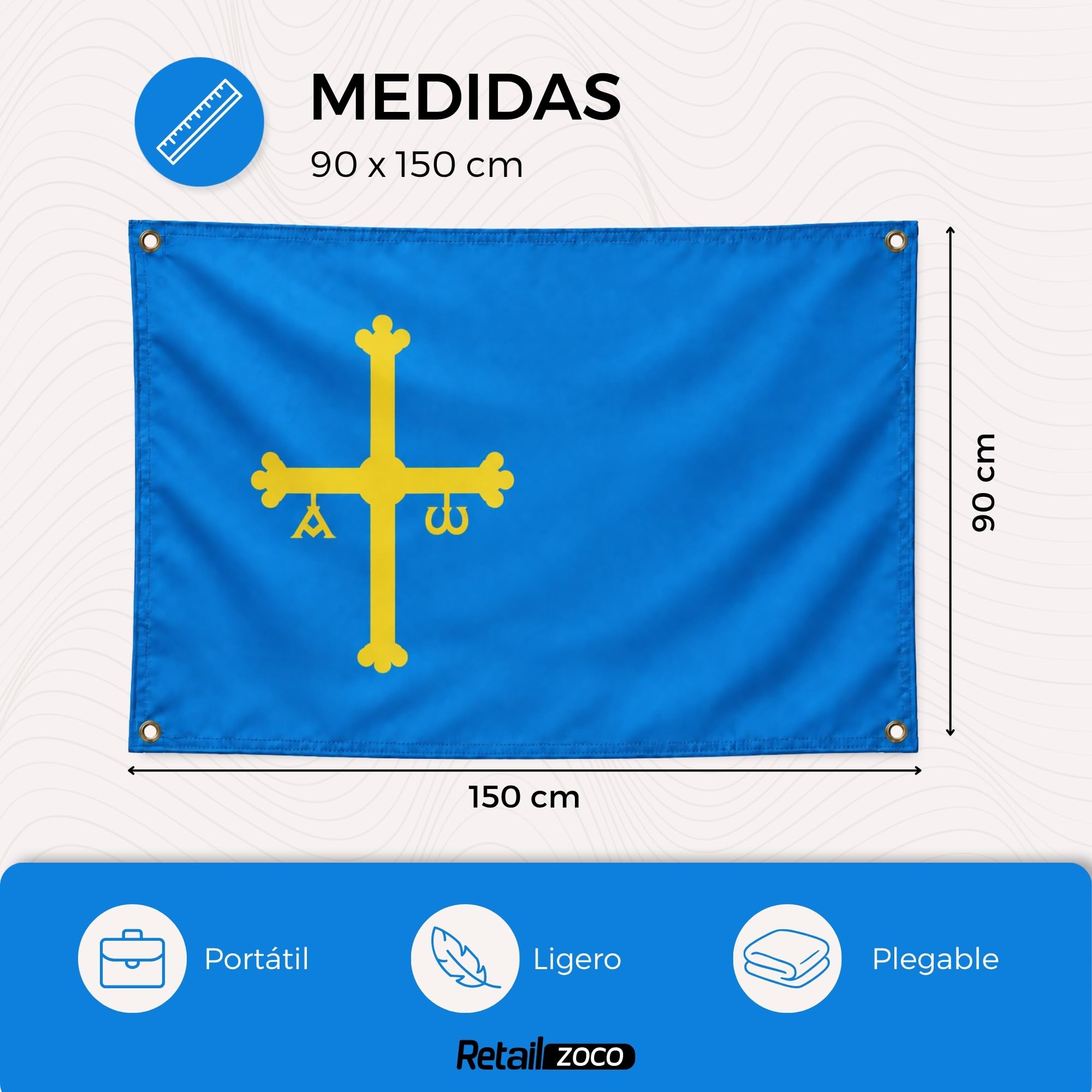 Bandera Asturias 90x150cm, Bandera Cruz de la Victoria con 4 Ojales de Latón, Asturias flag, Banderas de Comunidades para exterior, Material Poliéster, Impresión ambas caras - imagen 2