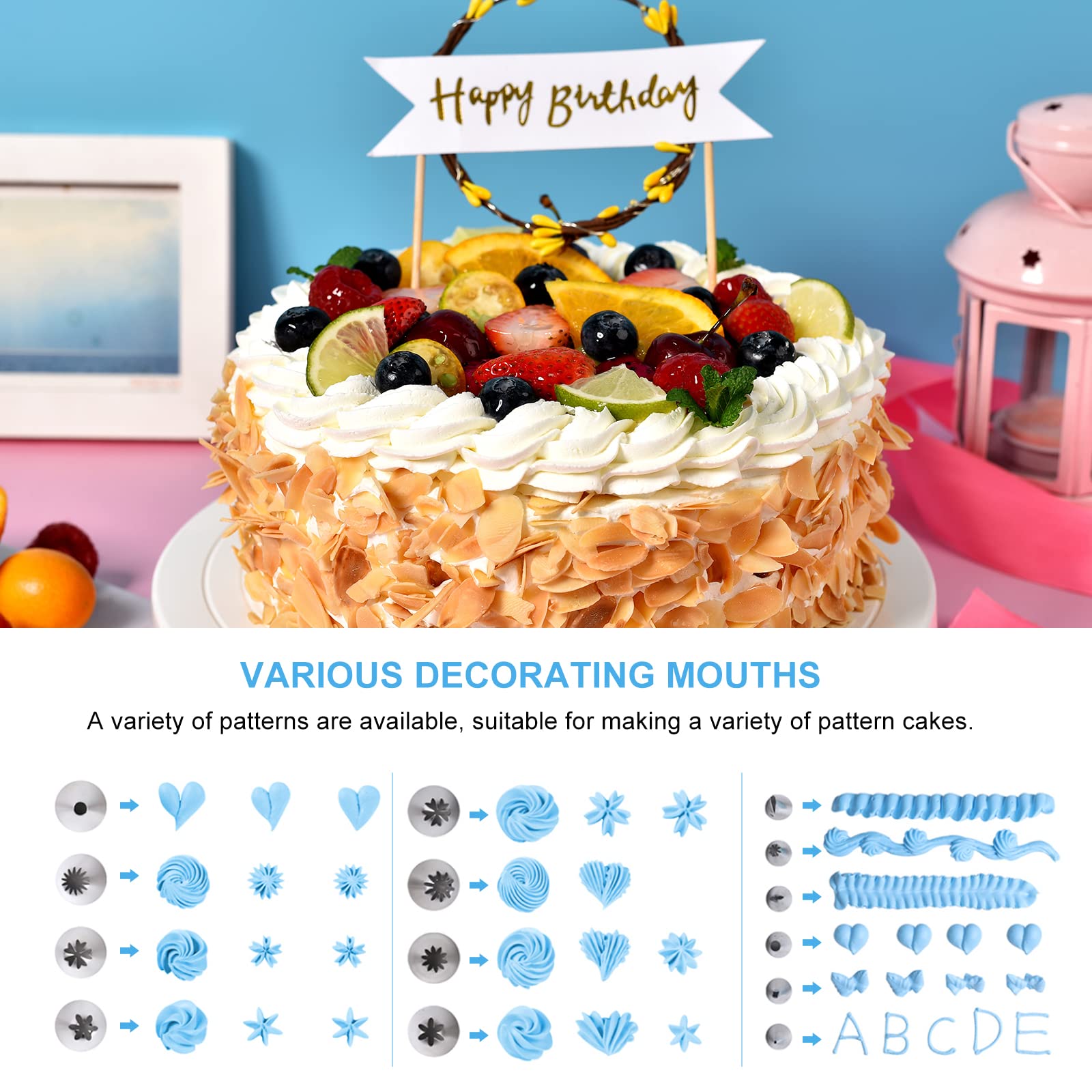Juego de 118 piezas de decoración de tartas, juego de herramientas para decoración de pasteles, 60 puntas de glaseado numeradas con gráfico de patrón, 3 espátulas de glaseado, 3 raspadores de