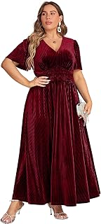 Simplee Women’s V Neck Velvet Maxi Dress Short Sleeve Empire Waist Long Formal Dress for Wedding Guest