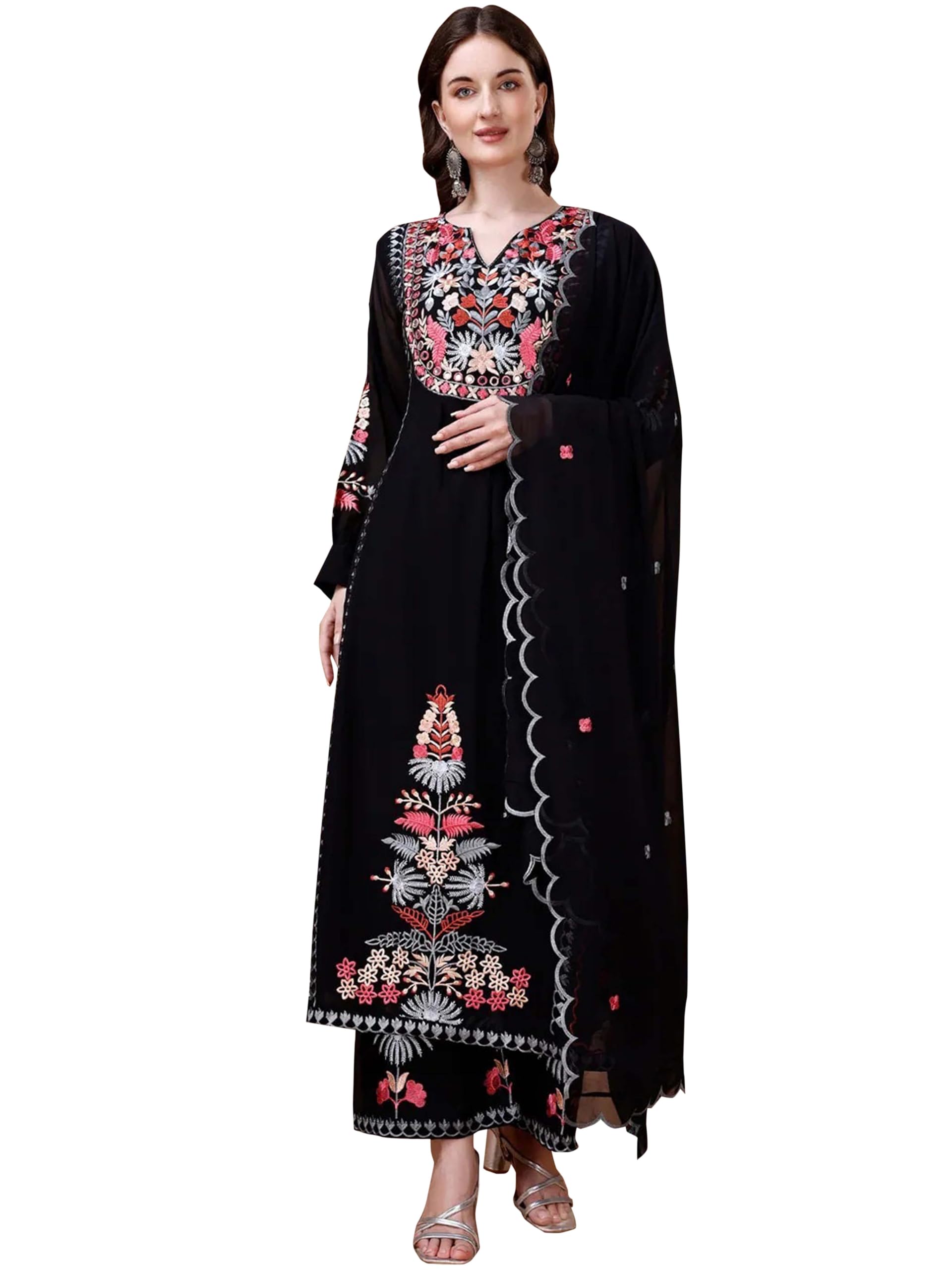 Fashion Basket Women's Faux Georgette Embroidered Straight Kurta With Dupatta Black