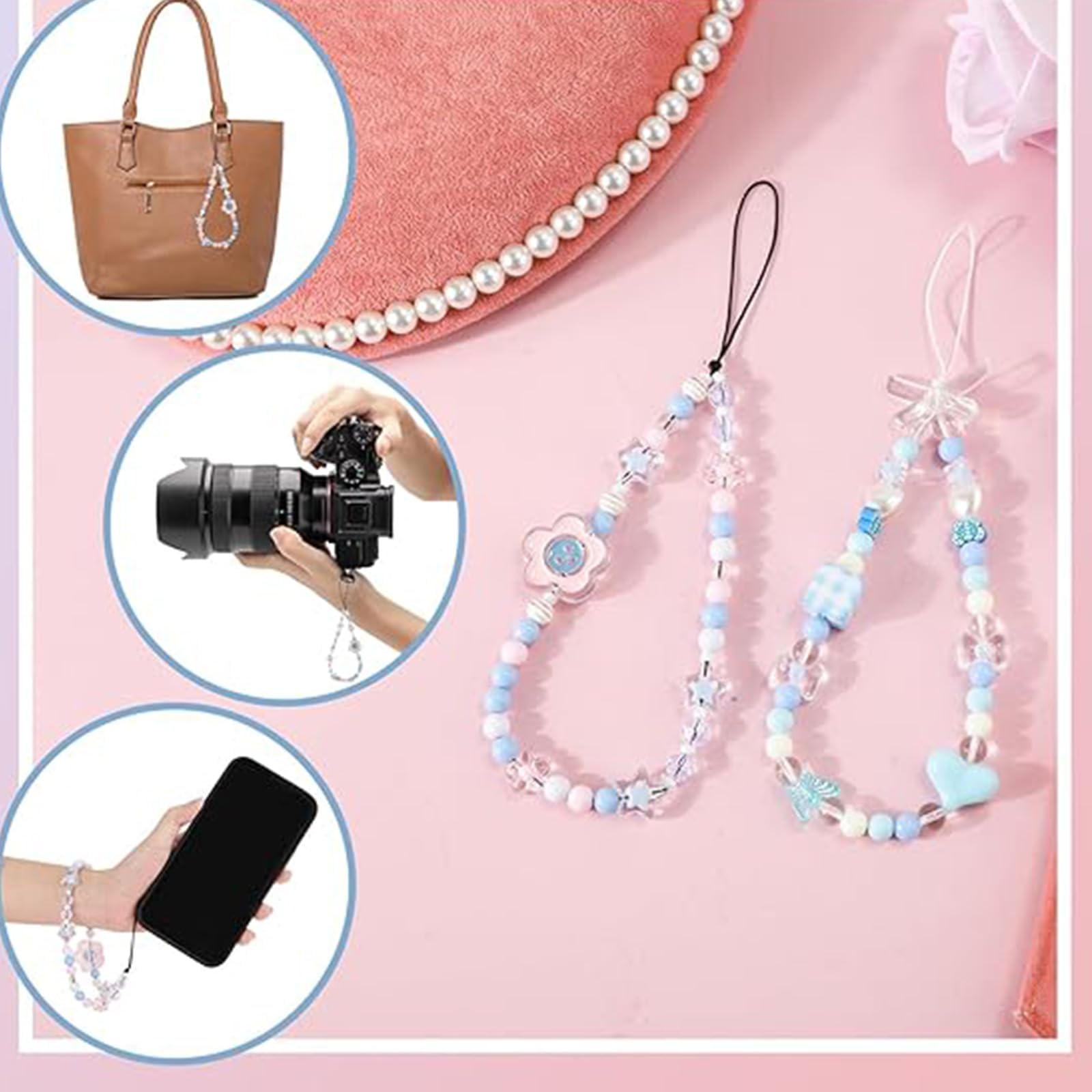JYTDBCS Floral Beaded Phone Lanyards w/ Stars, Butterfly & Flower Torque - Blue Cellphone Wrist Straps for Girls - Image 4