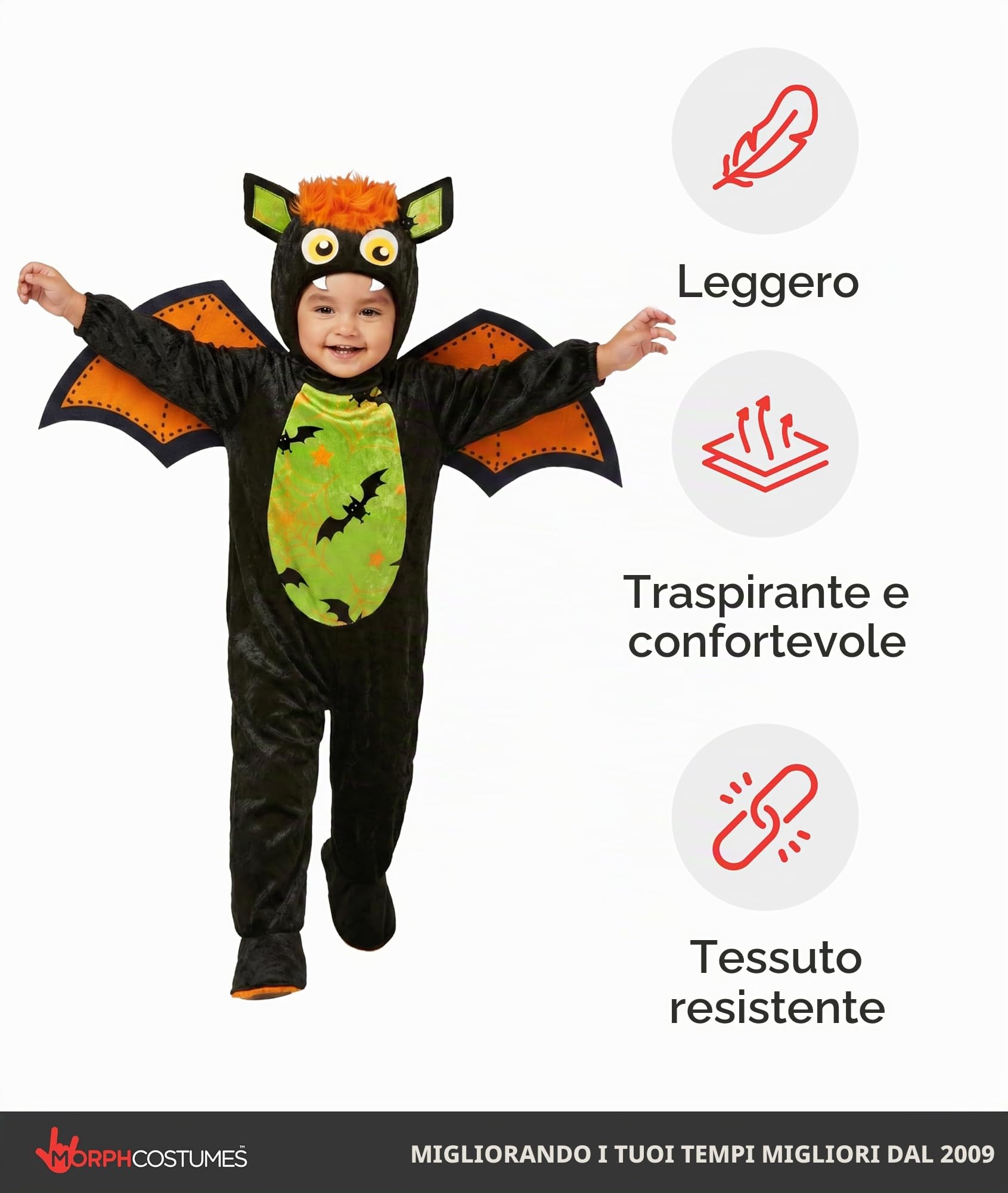 Morph Costume Pipistrello Bambino, Costume Halloween Nero | Body, Cappuccio, Ali & Copriscarpe, Design Nero e Verde, Perfetto per Halloween, Ideale per il Gioco di Ruolo