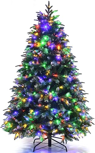 Goplus Árbol de Navidad artificial preiluminado de 5 pies, árbol de Navidad realista con bisagras con 250 luces LED que cambian de color, 11 modos