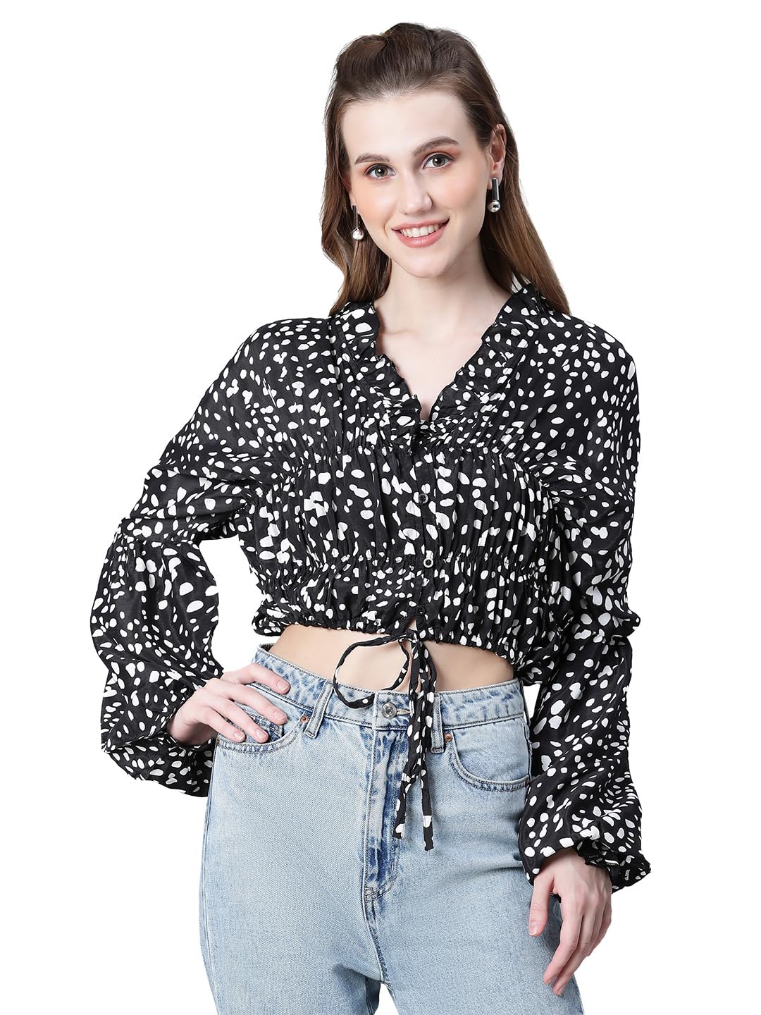 Women Floral Print Round Neck Long Sleeve Elasticated Tie-Up Crop Top-image-29