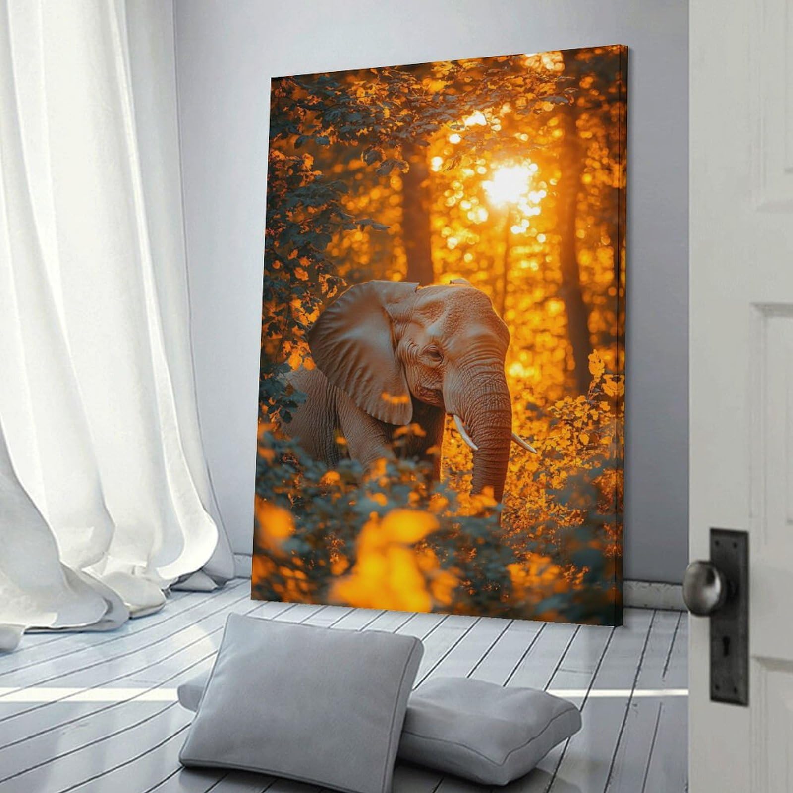 Junmoney Elephant in Golden Forest Light Canvas Art Print 08x12inch(20x30cm), for Gallery Wall Layouts in Home Or Office, Decorative Artwork with Flexible Styling