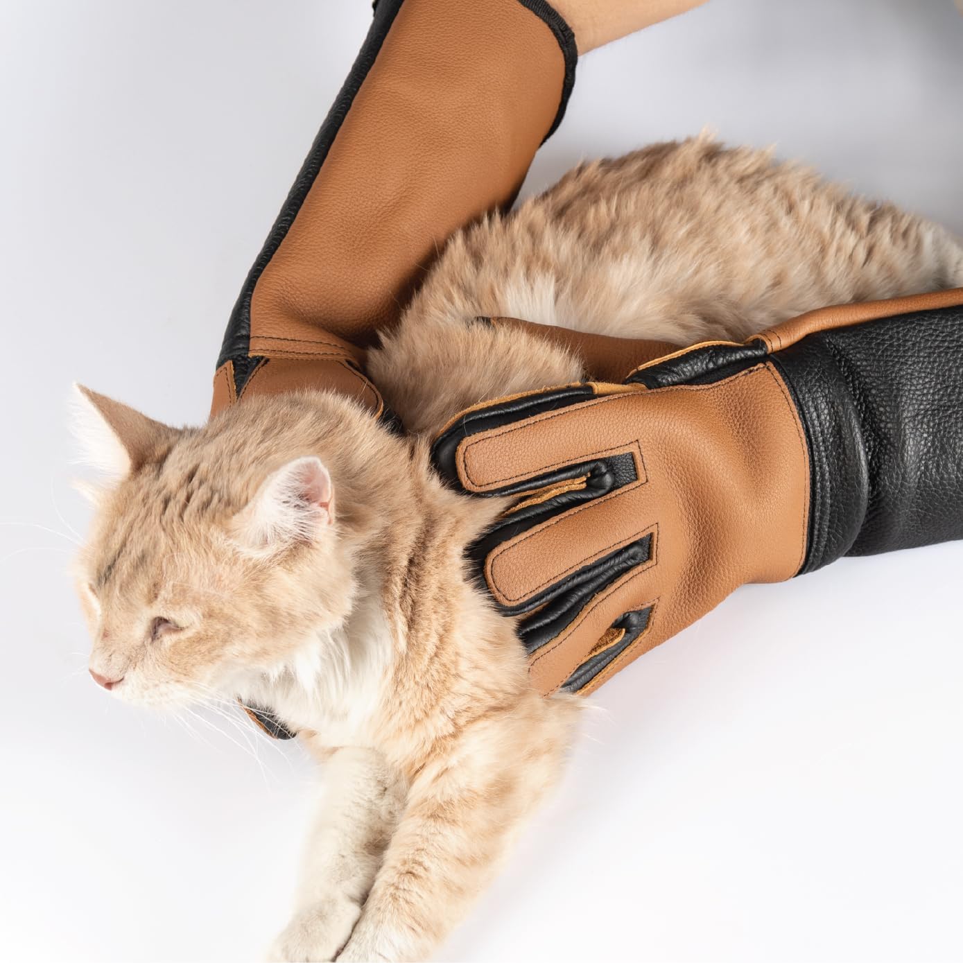 Animal Handling Gloves,%100 Real Leather, Bite Proof, 3 Solid Layers, Handmade, Dog Bite and Cat Scratch, Bird Handling, Wiped Clean, Vet Approved, 18" Black and Tan