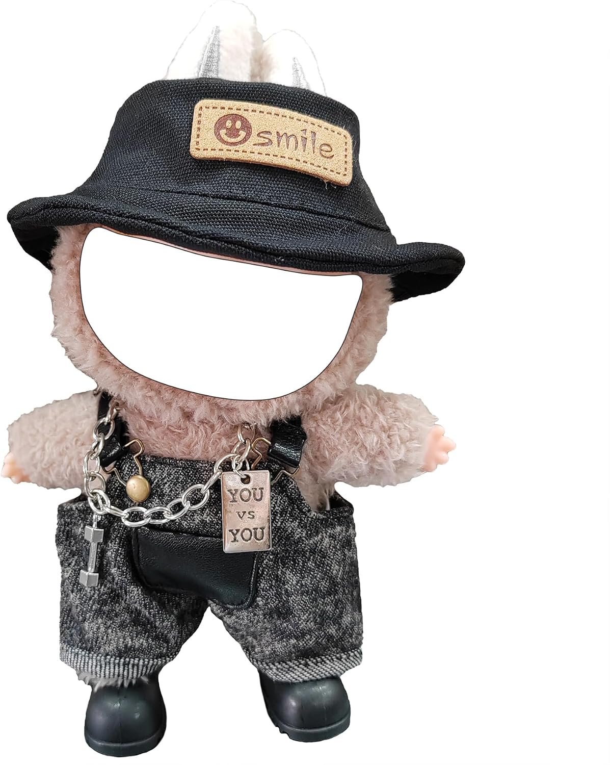 4-Piece Designer Black Distressed Denim Overalls + Black Denim Fisherman Hat for 5.9-6.7"(15-17cm) Dolls - Includes a Silver Necklace & Shoes - American Pioneer Spirit × Street Rebellion Style
