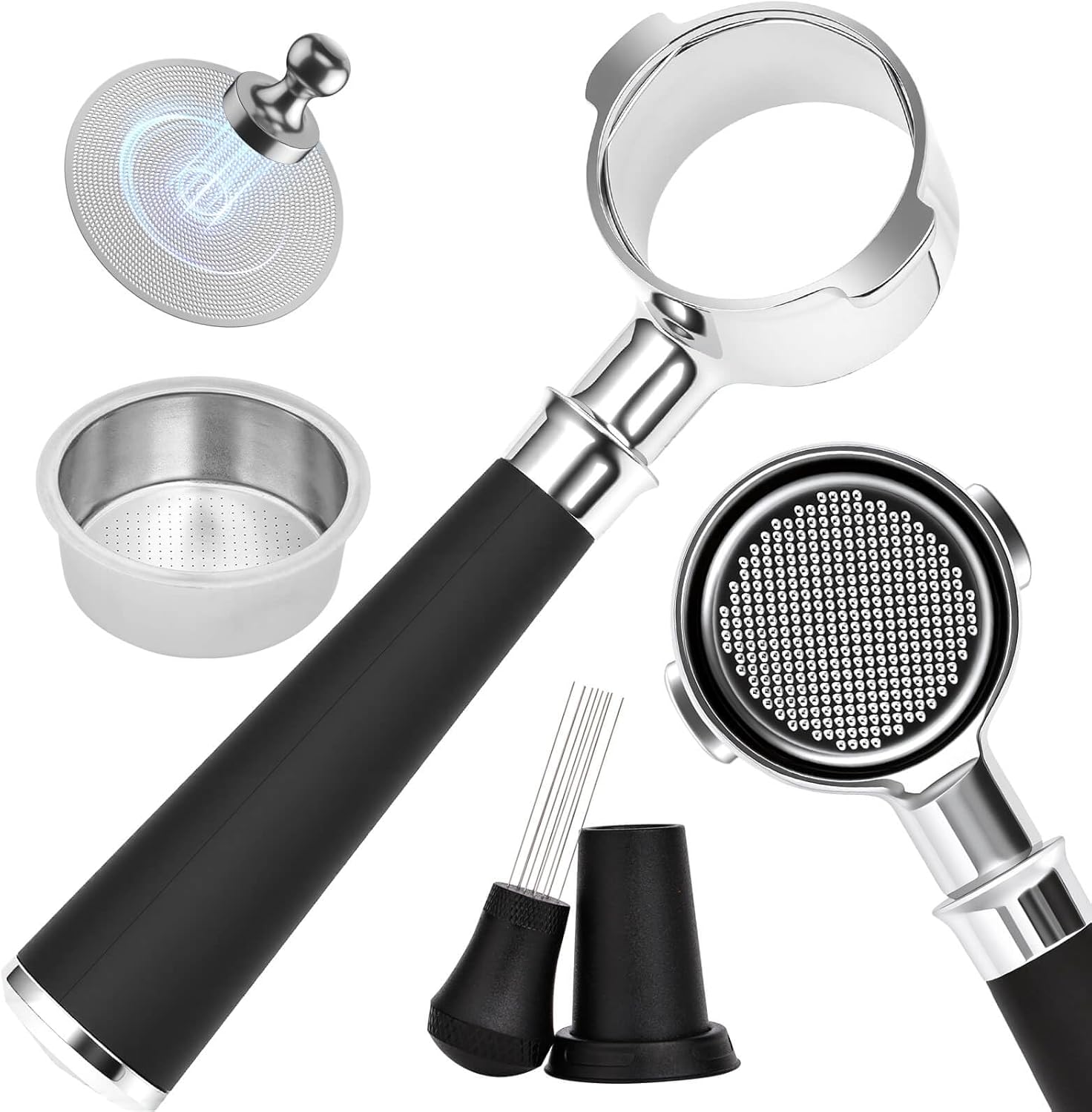 51mm Bottomless Portafilter 2 Ears Fits for Delonghi ECP3420, EC155, BCO430, EC260, and ECP3120, Includes Puck Screen, WDT, Double Shot Filter Basket