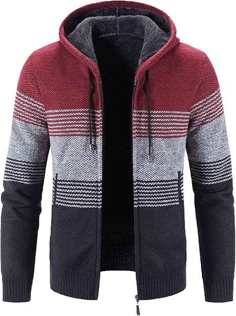 Veste Polaire Homme Décontractée à Capuche - Rayures Imprimées - Fermeture Éclair - Cardigan Chaud Automne/Hiver - Poches Chaleur
